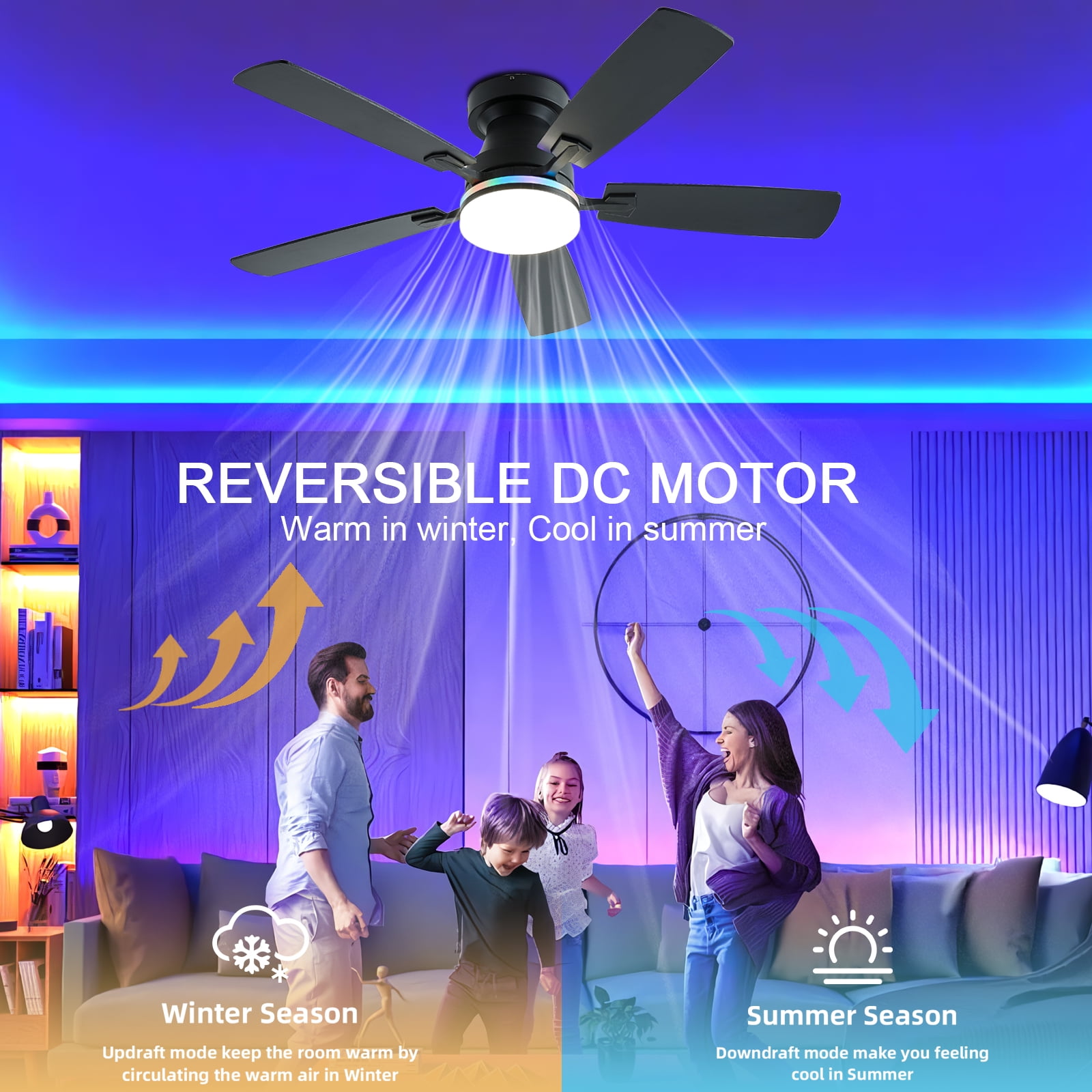 JSAITEE 48 in Low Profile Ceiling Fan with Light and Remote Control (Black, 48 in) 79ydt