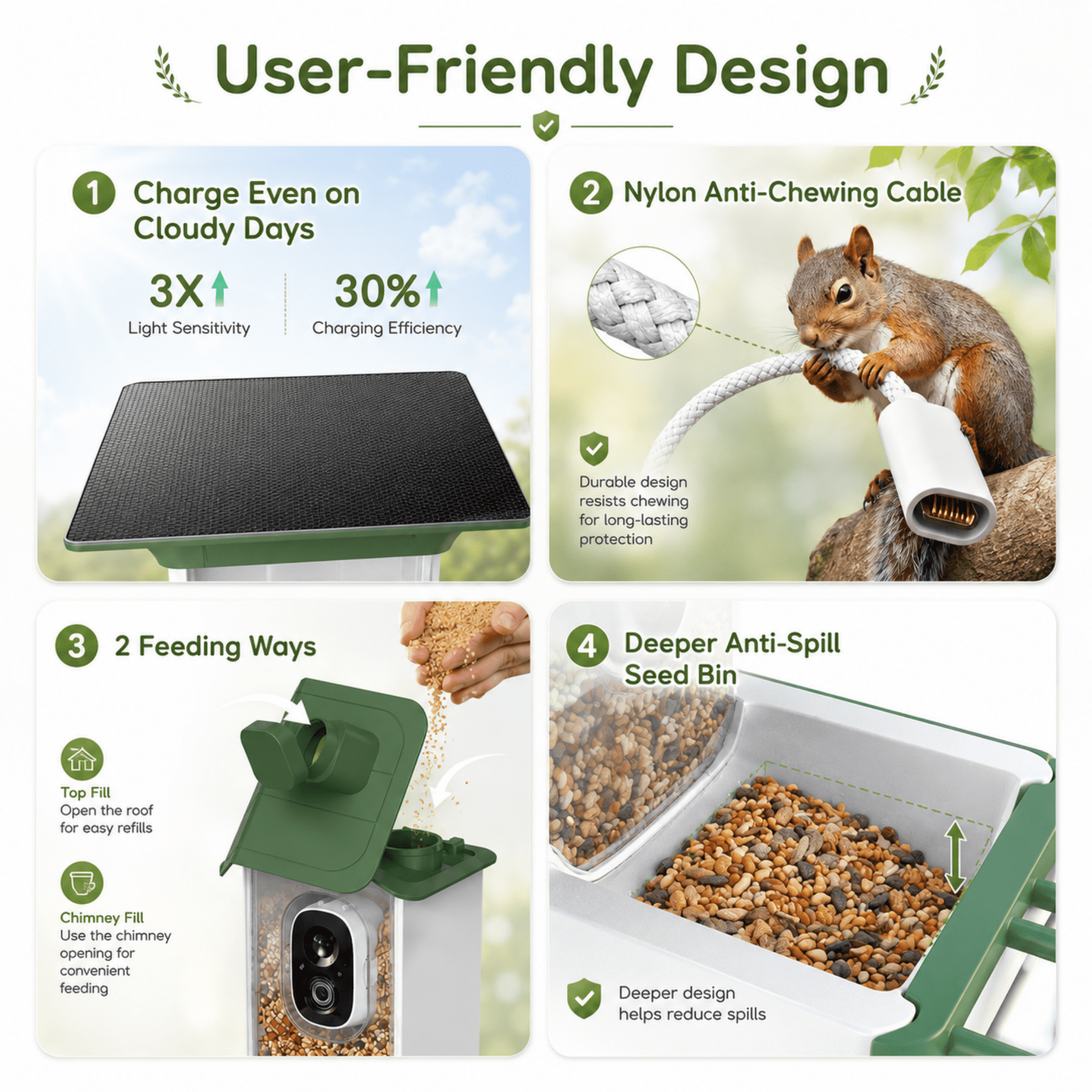 Mehoom Smart Bird Feeder with Camera, 3K HD AI Bird Recognition, Solar Powered Outdoor Wildlife Camera (Green) 2k1ye