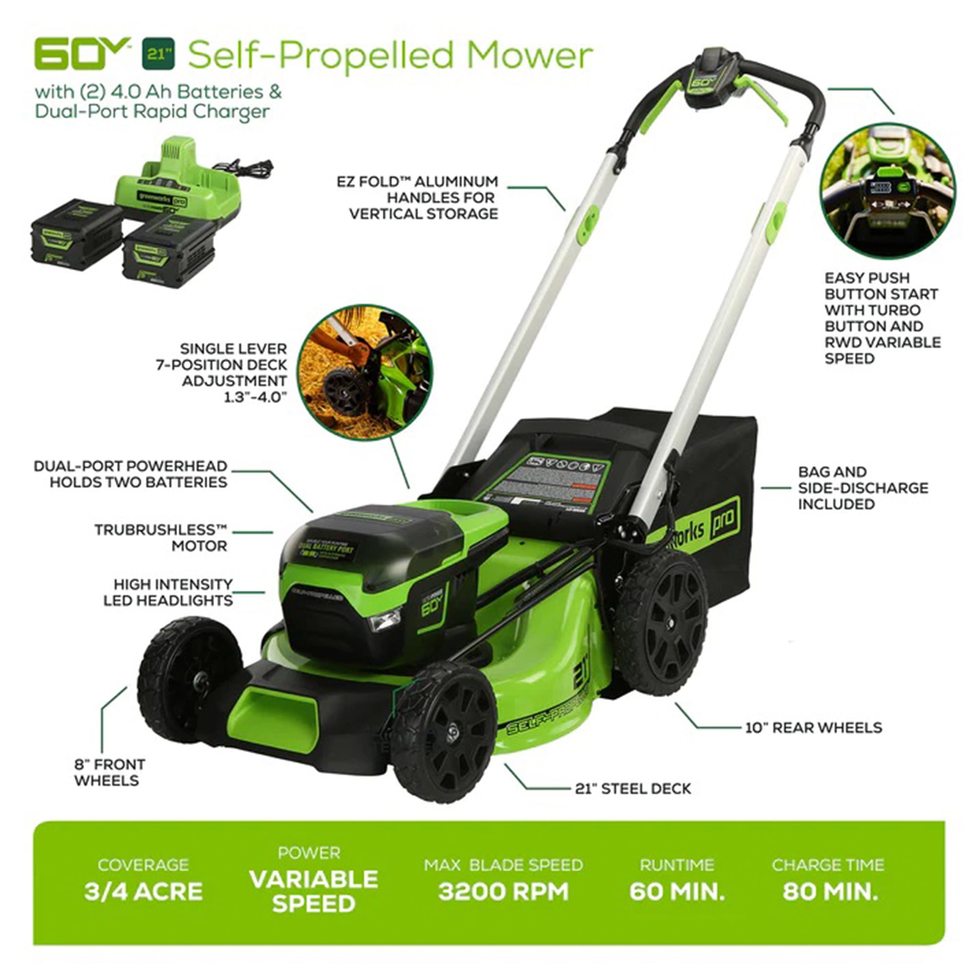 Greenworks 60V 21 in. Brushless Self-Propelled Cordless Lawn Mower (Green, 21 in. Deck) 50h1r