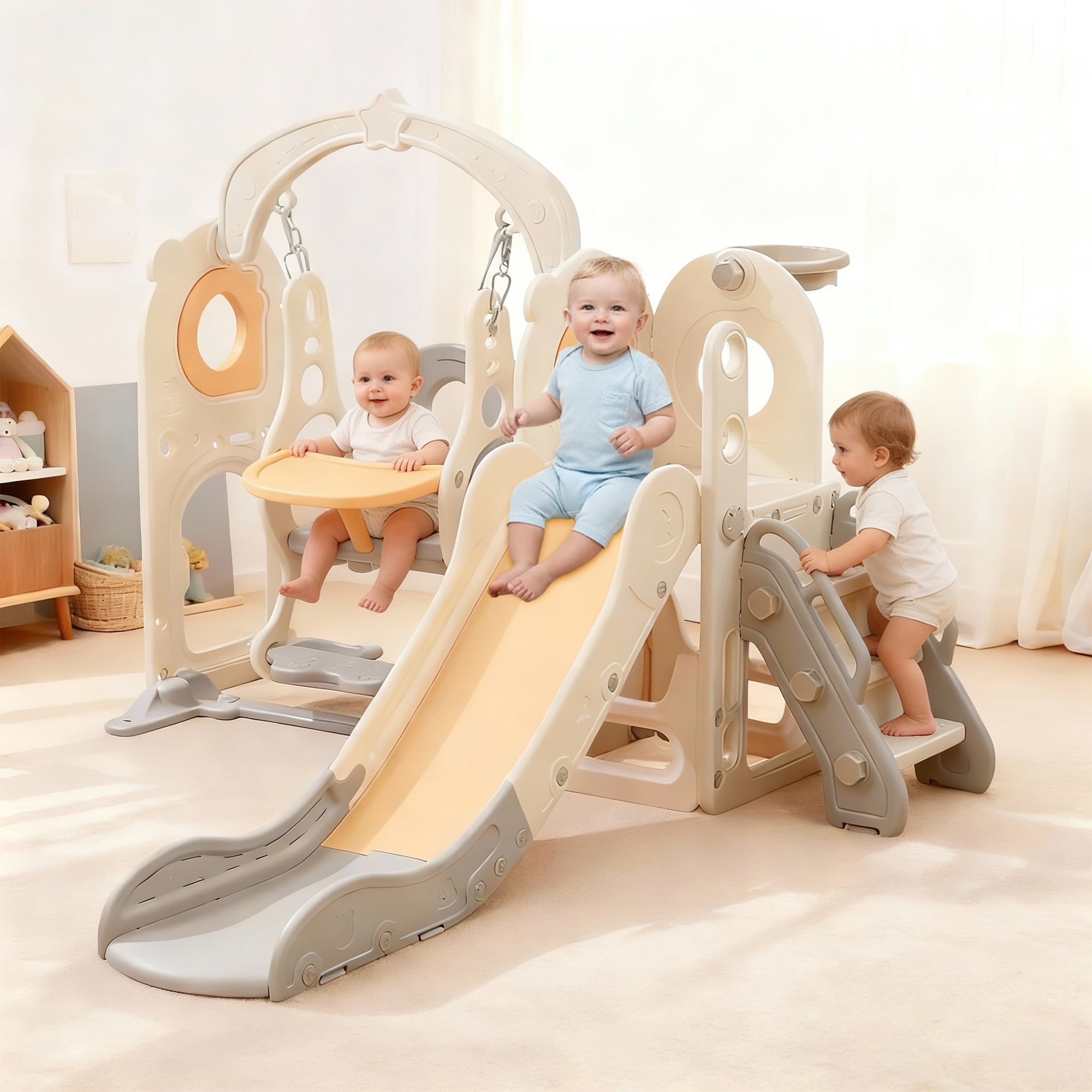Zimeng 6-in-1 Toddler Slide and Swing Set, Indoor Outdoor Playground Climber Playset with Basketball Hoop (Beige, 34.65 in x 12.2 in x 21.26 in) ibmia
