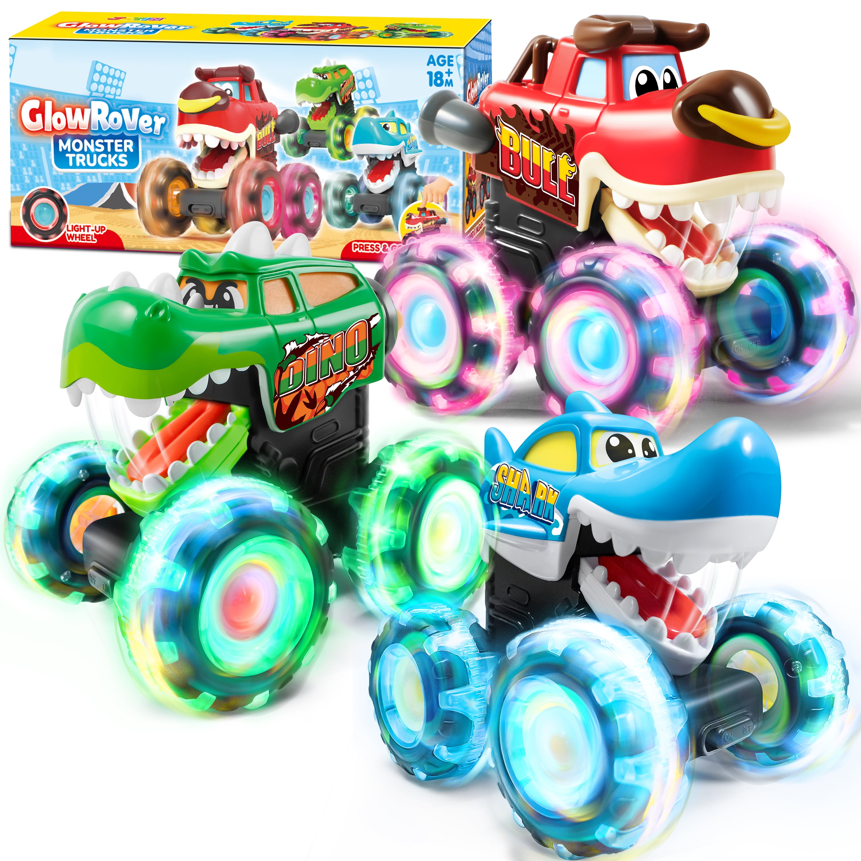 Joyfy Monster Truck Toy Set, Press & Go Dinosaur Vehicle with LED Wheels (3 Pack) d7ou7