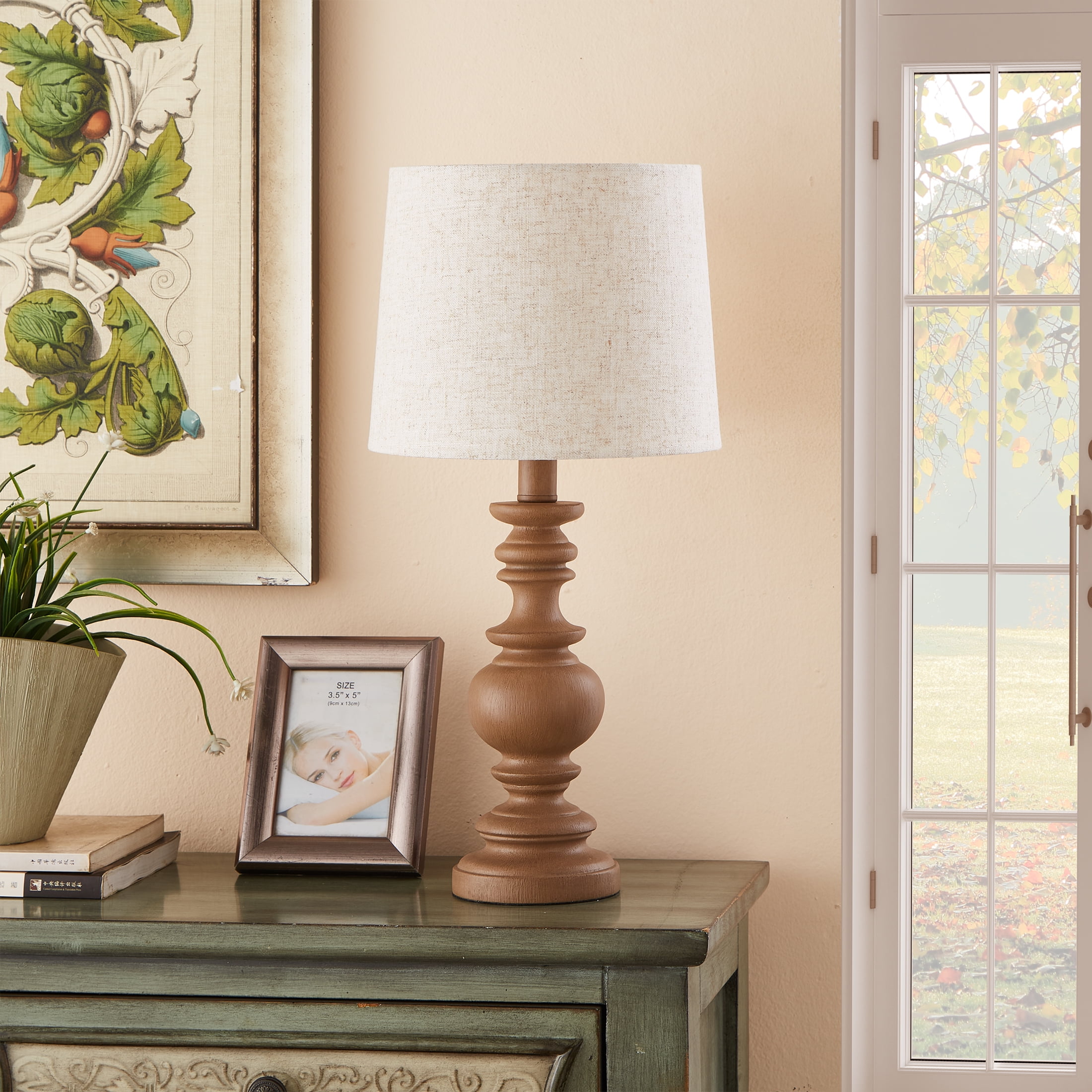 Mainstays Resin Table Lamp with Linen Shade, Modern Bedside Lighting (Brown, 18.75 in) mnlmk