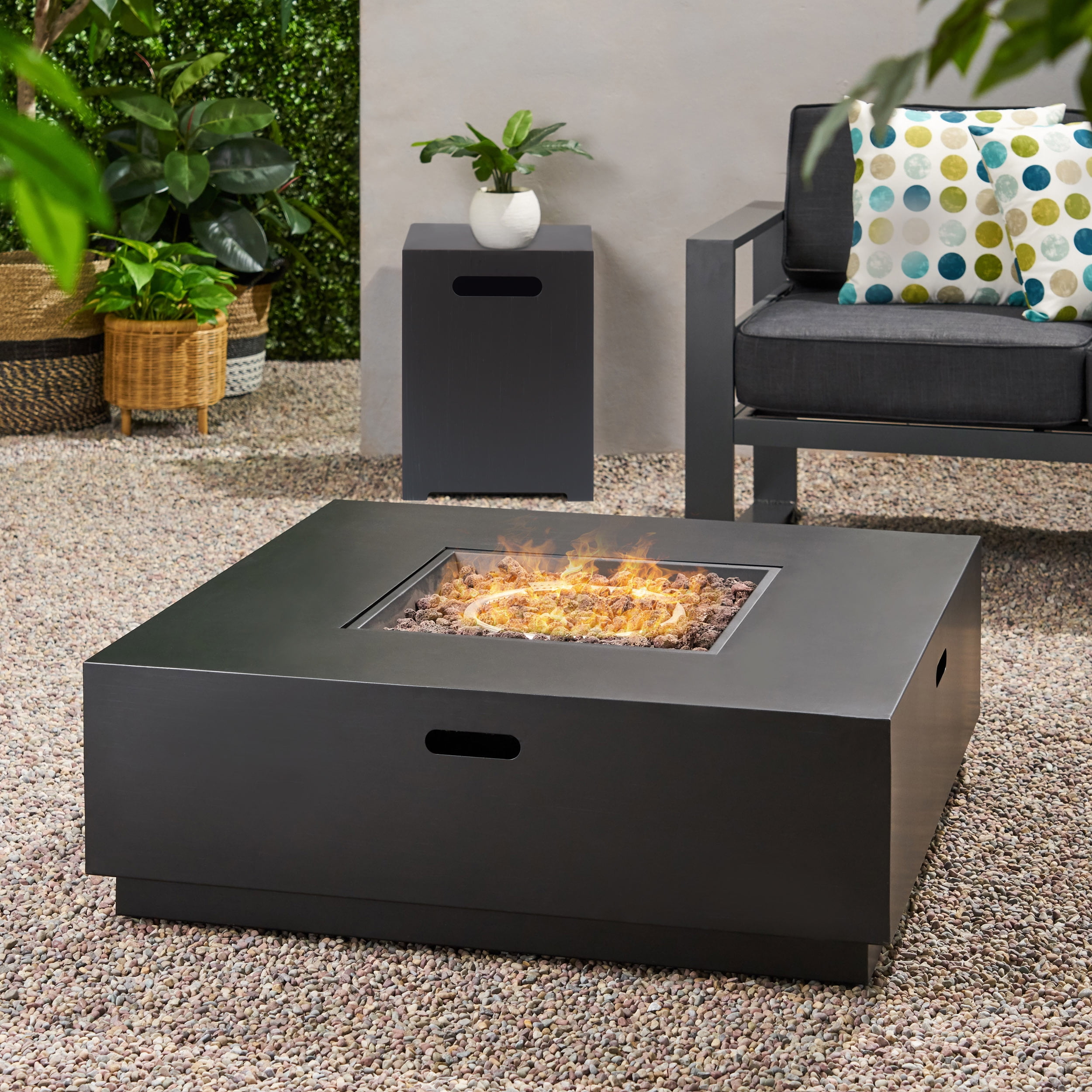 Noble House Outdoor Iron Square Fire Pit with Tank Holder (Dark Grey, 40 in) 2tbhp