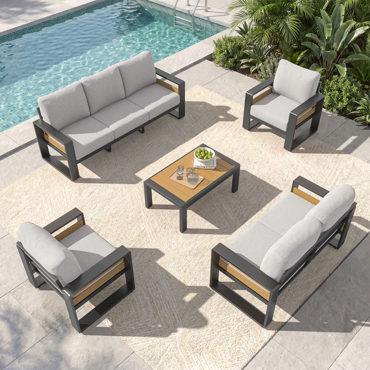 CLOUDDWELL 7-Piece Aluminum Patio Furniture Set, Outdoor Metal Sofa Conversation Set with Coffee Table (Light Gray, 7-Seat) 1r67y