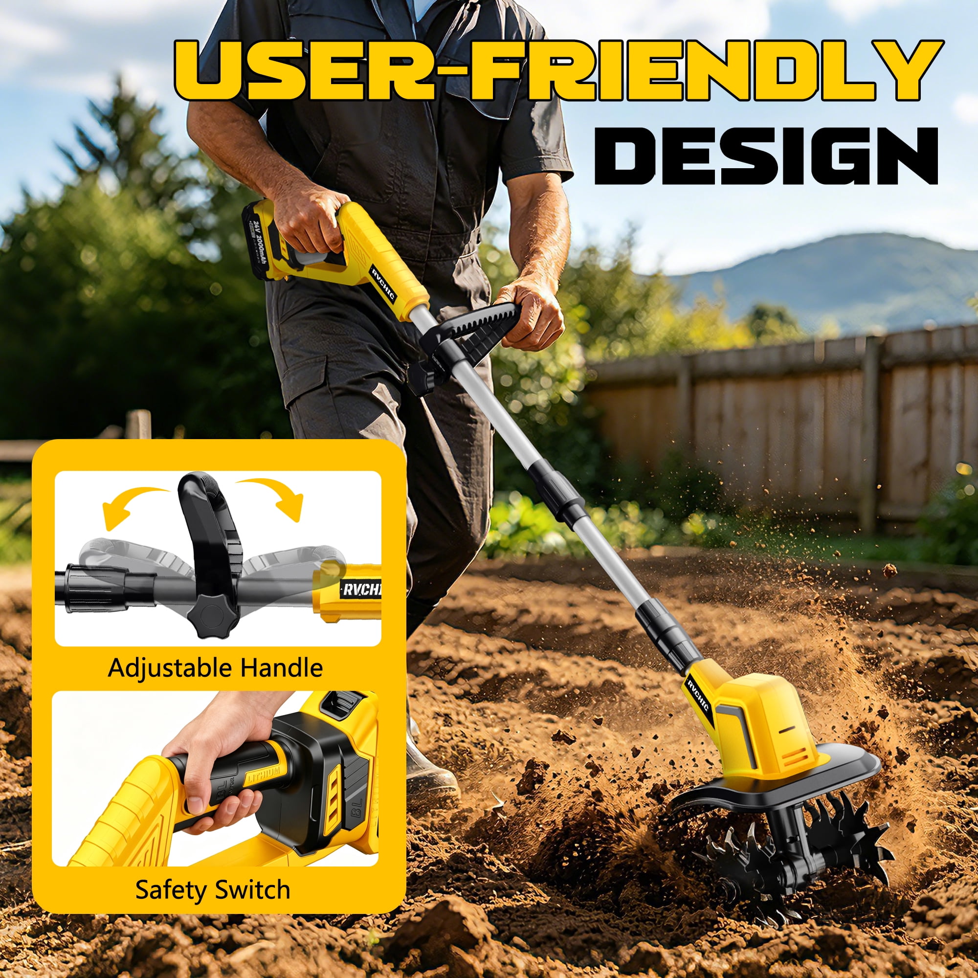 Rvchic 24V Cordless Tiller Cultivator, High-Speed Electric Garden Soil Aerator with 4 Steel Blades (Yellow, 4 in Width x 6 in Depth) 29fpt