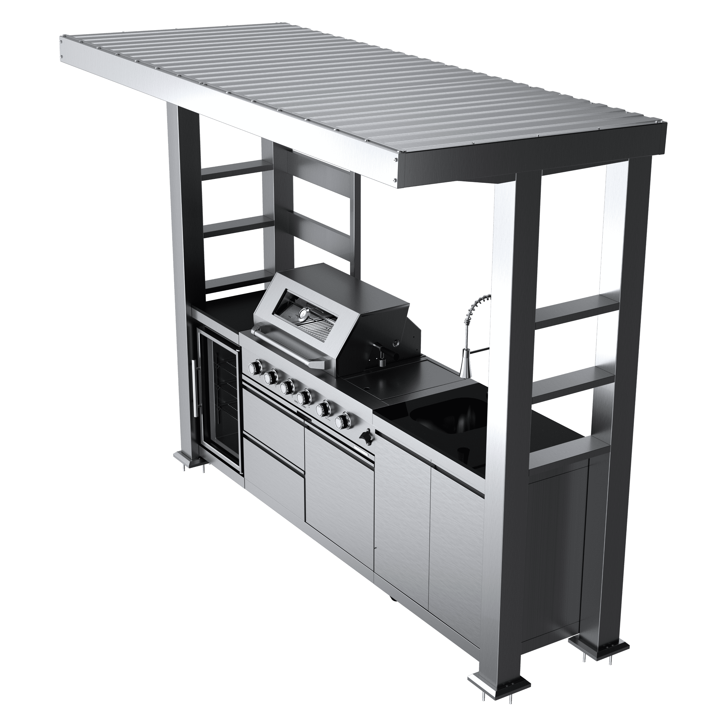 HomeMindful 110-inch Outdoor Kitchen Island with 4-Burner Gas Grill, Wine Cooler, and Granite Countertops (Black, 110 in) 1paas