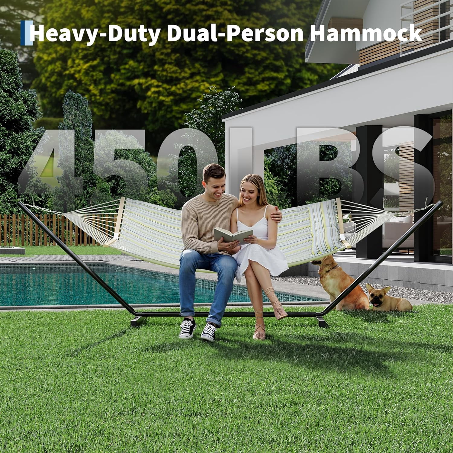 GARVEE Double Hammock with Stand, Heavy-Duty Outdoor Swing Bed with Adjustable Steel Frame (Blue & Green Stripes, 143.7 in) 9i0ty