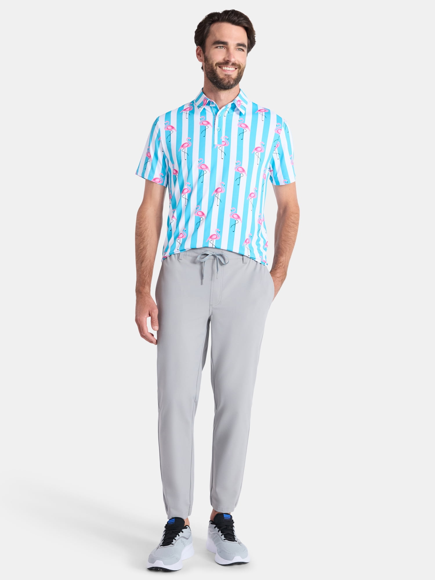 Birdie Bound Men's Beverly Stripe Flamingos Print Polo Shirt (Blue, XS-4XLT) 4lm7p