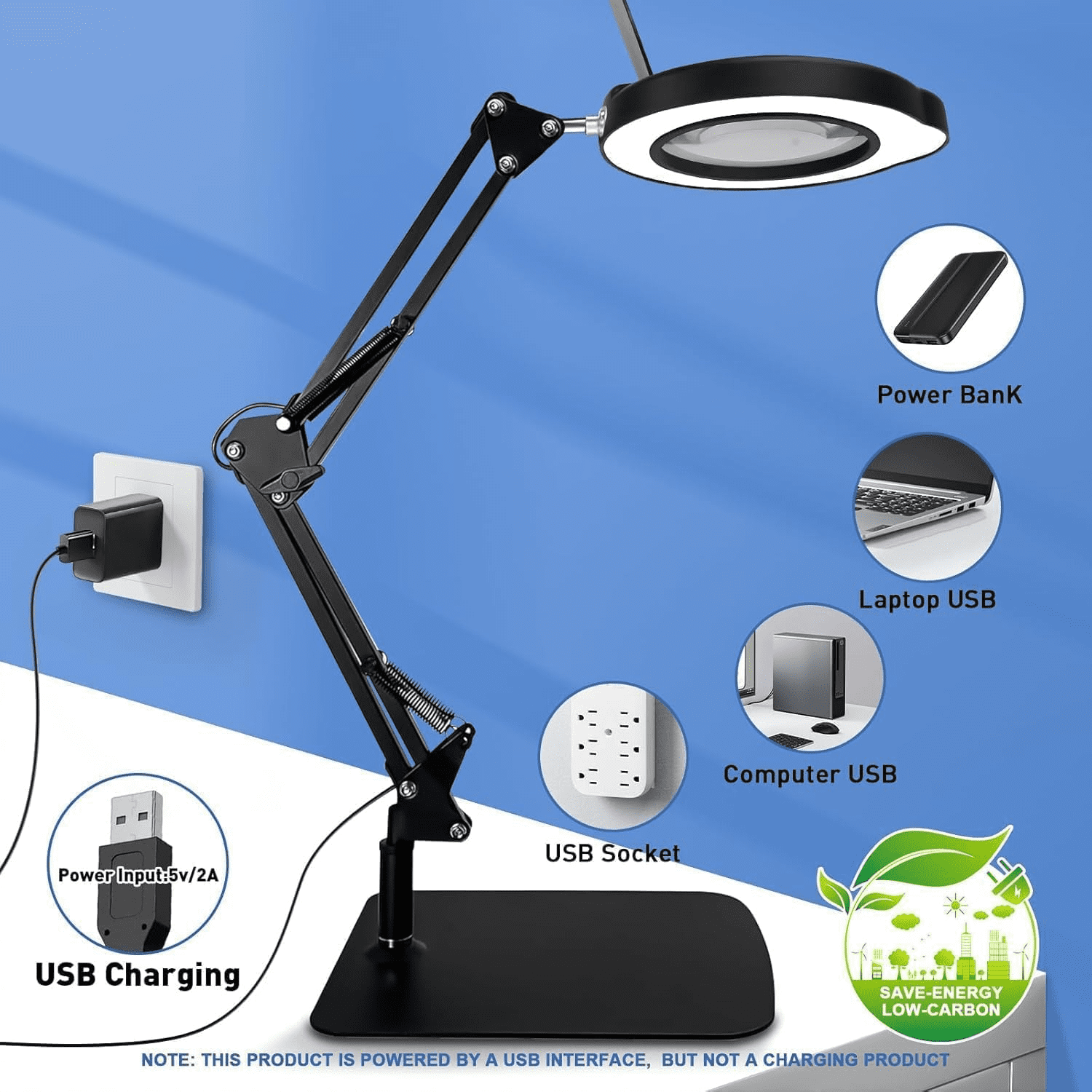 Gefolly LED Magnifying Desk Lamp with Clamp, Adjustable Swing Arm, 5 Color Modes, Stepless Dimmable (Black, 1 Unit) sbqk3