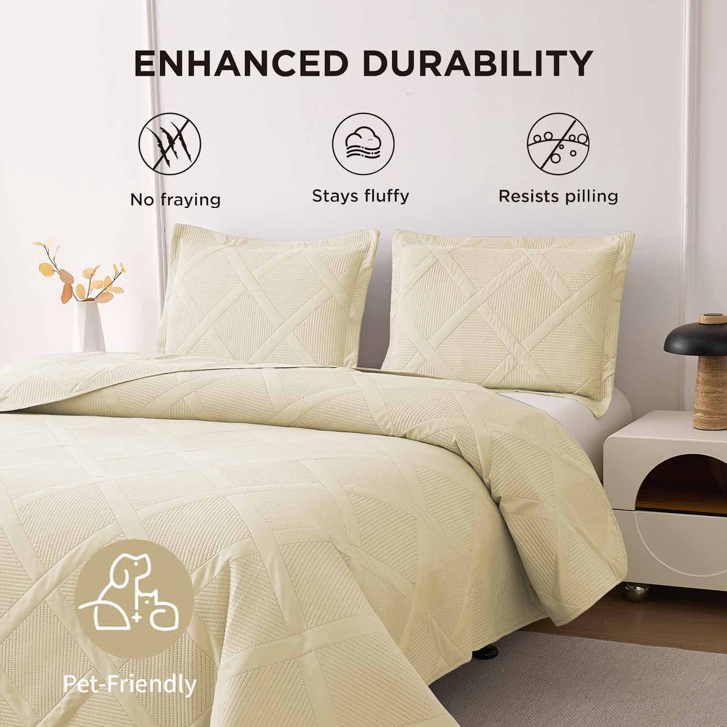 Beartech Solid Color Quilt Set Reversible Lightweight Microfiber Bedspread (Beige, Queen Size) zi8f2