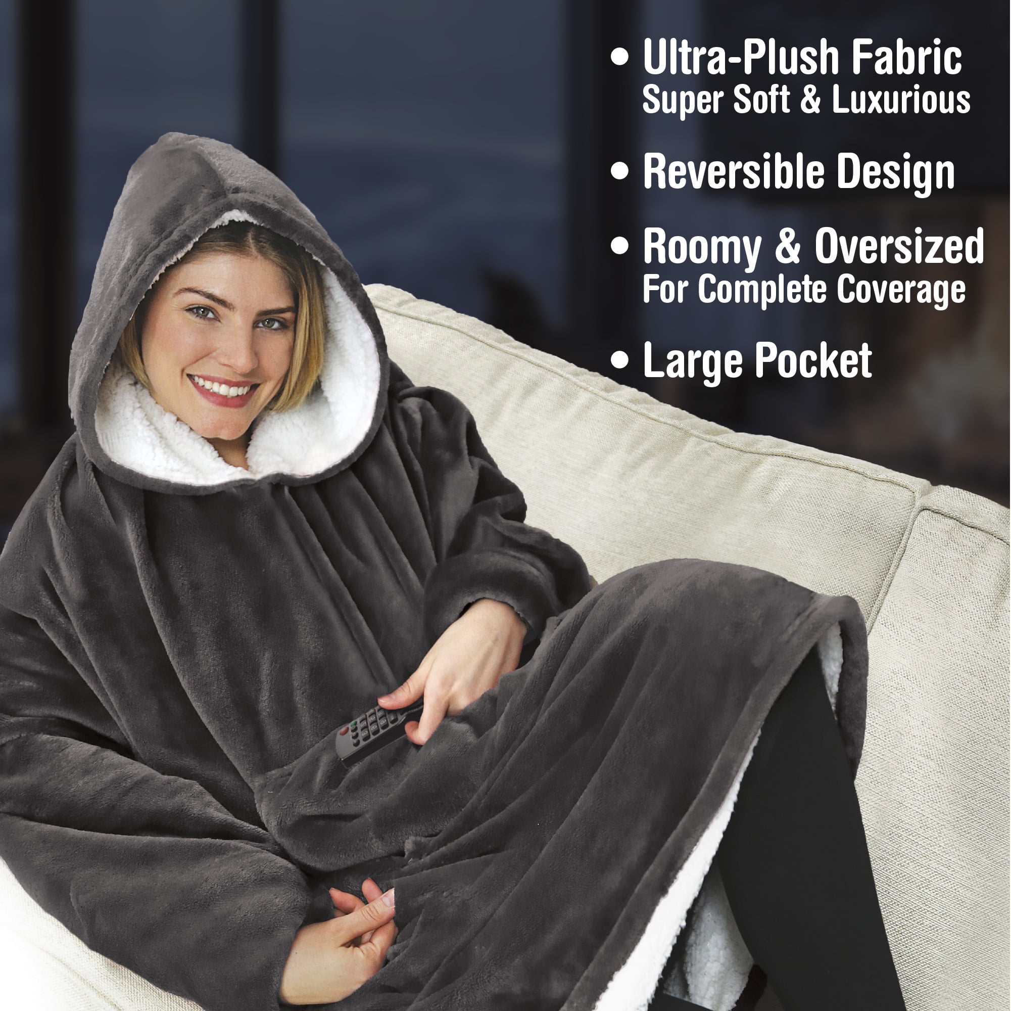 Huggle Wearable Blanket Hoodie, Ultra Plush Oversized Fleece Sweatshirt (Grey, One Size) fu7d0