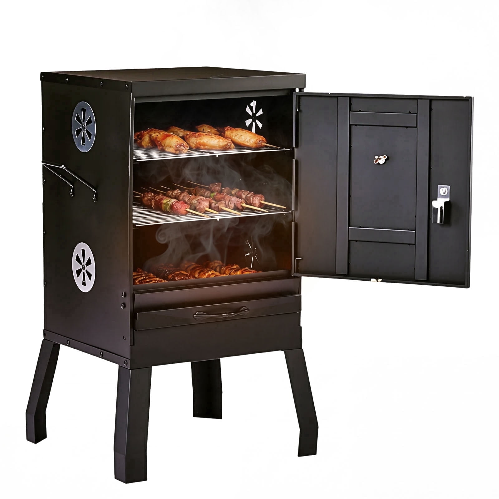 BIBIVIS Portable Vertical Charcoal Smoker Grill with Thermometer and Dual Racks (Black, 31.5 in Height) 3ywyk