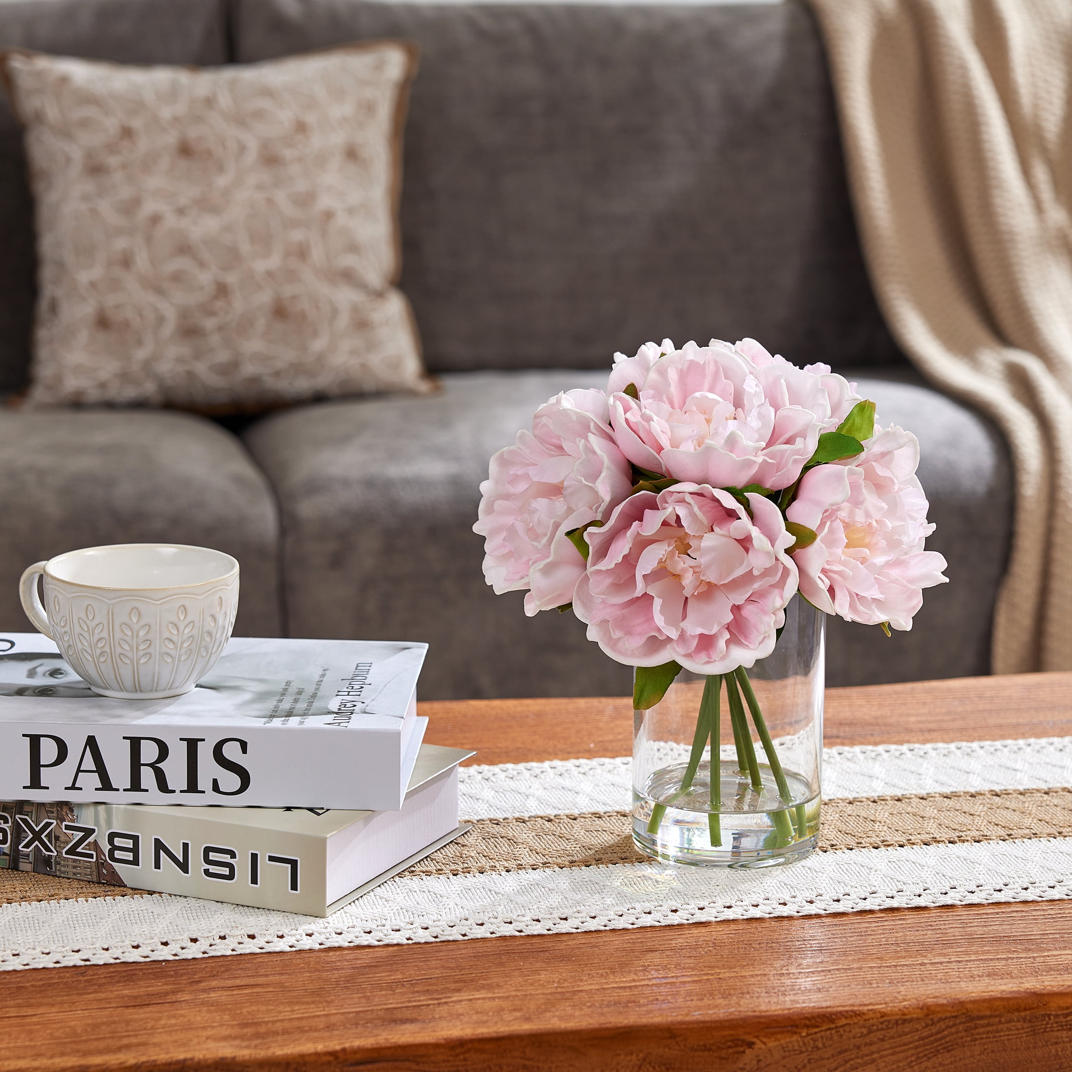DR.Planzen Artificial Peony Flower Arrangement with Glass Vase (Pink, 10.6 in) 0ln0c
