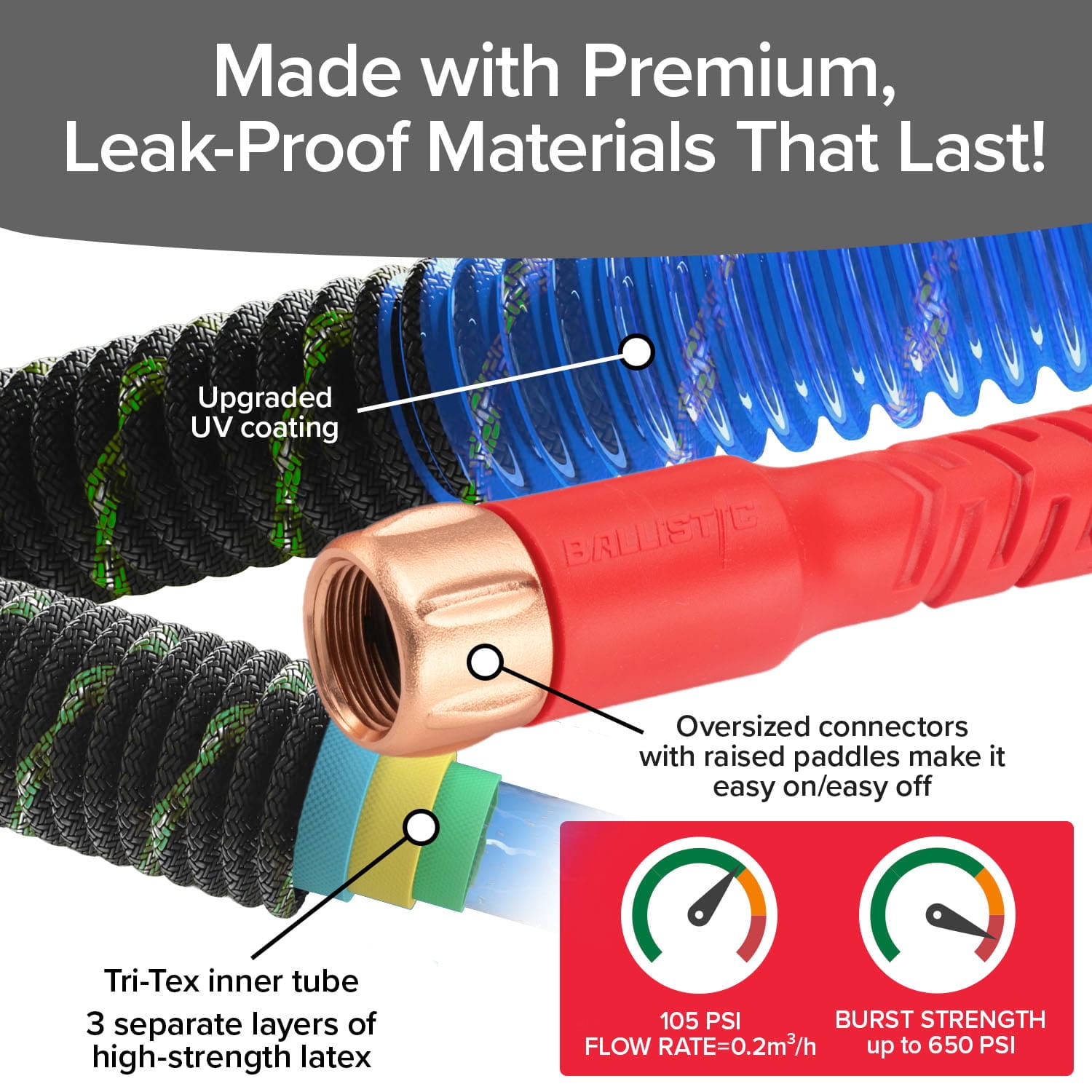 Pocket Hose Ballistic Expandable Garden Hose with Pivot Connector (Black, 50 ft) 4hbr5