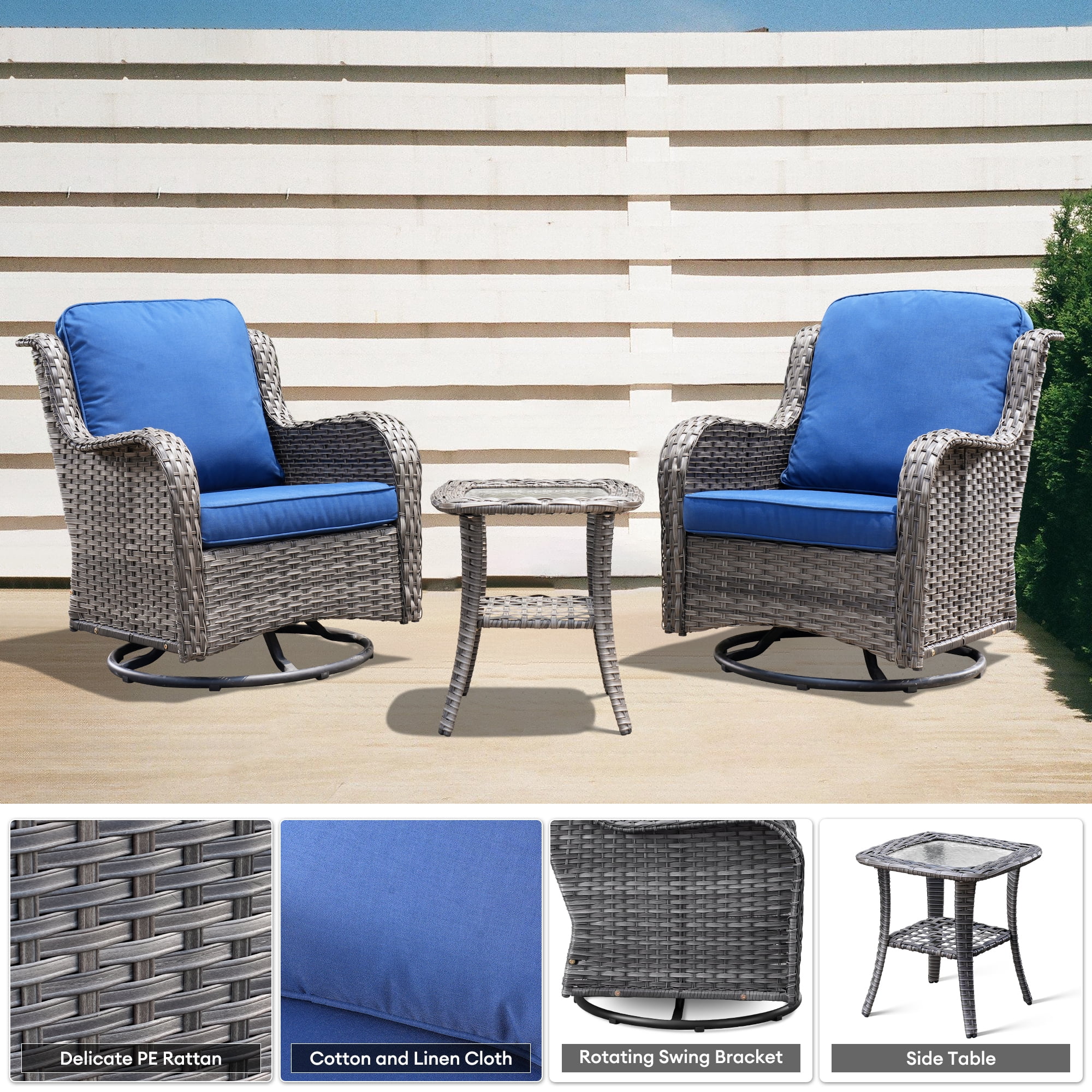 Ovios 3-Piece Patio Wicker Bistro Set with Swivel Rocking Chairs and Cushions (Blue, 3-Piece Set) acfyk