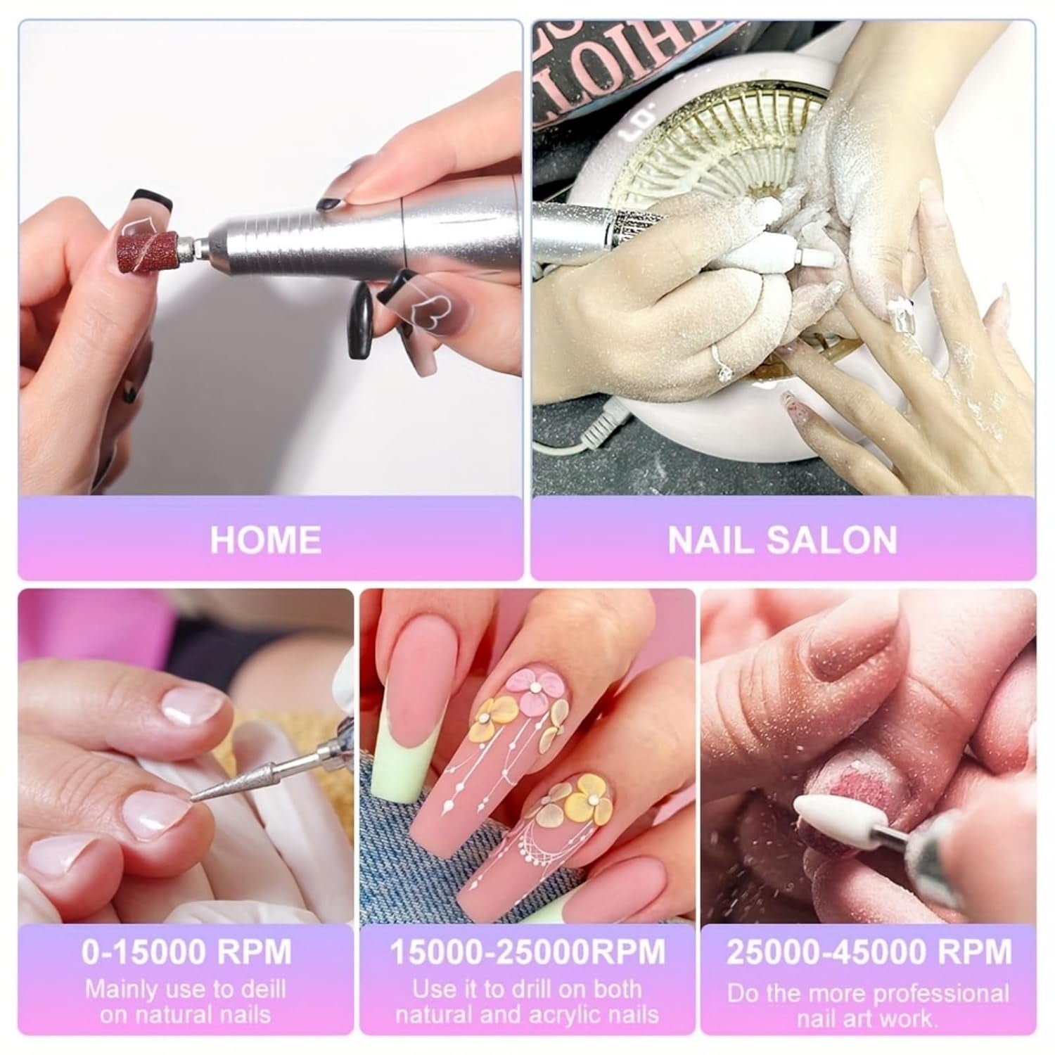 IDFINE Electric Nail Drill Professional 45000RPM Rechargeable Portable File for Acrylic and Gel Nails (Pink, 1 Kit) 30vv1