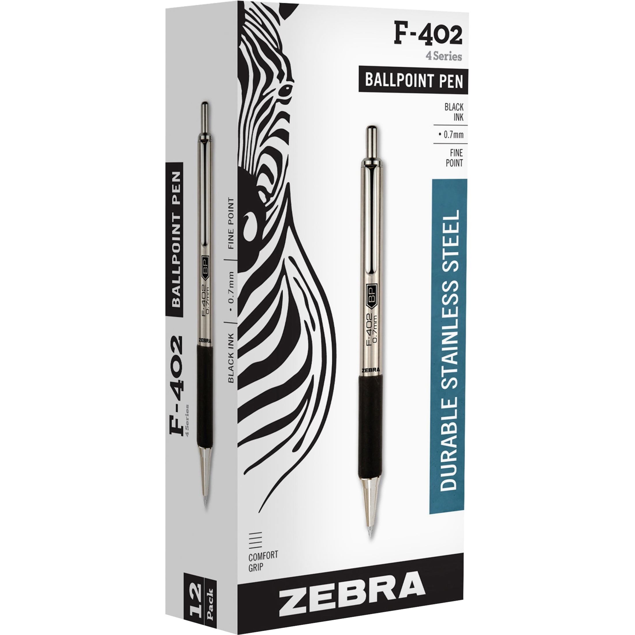 Zebra F-402 Retractable Ballpoint Pen, Stainless Steel Barrel, Professional Writing Instrument (Silver, 0.7 mm Fine Point) 90zel