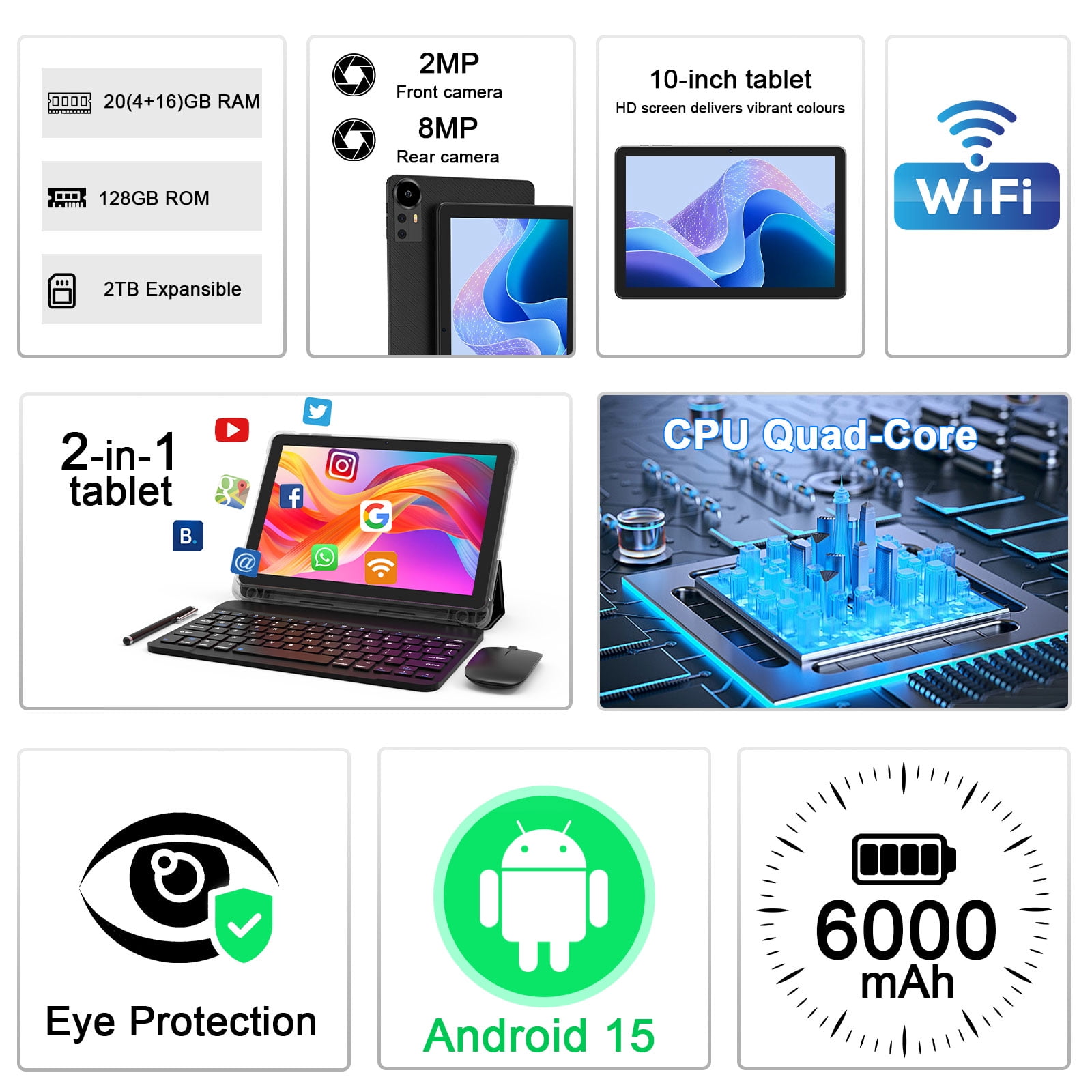 CUPEISI Android 15 Tablet 10.1 Inch (20GB RAM, 128GB ROM, 2TB Expandable, WiFi 6, Black, 2-in-1 Set with Keyboard, Mouse, Stylus) b6z46