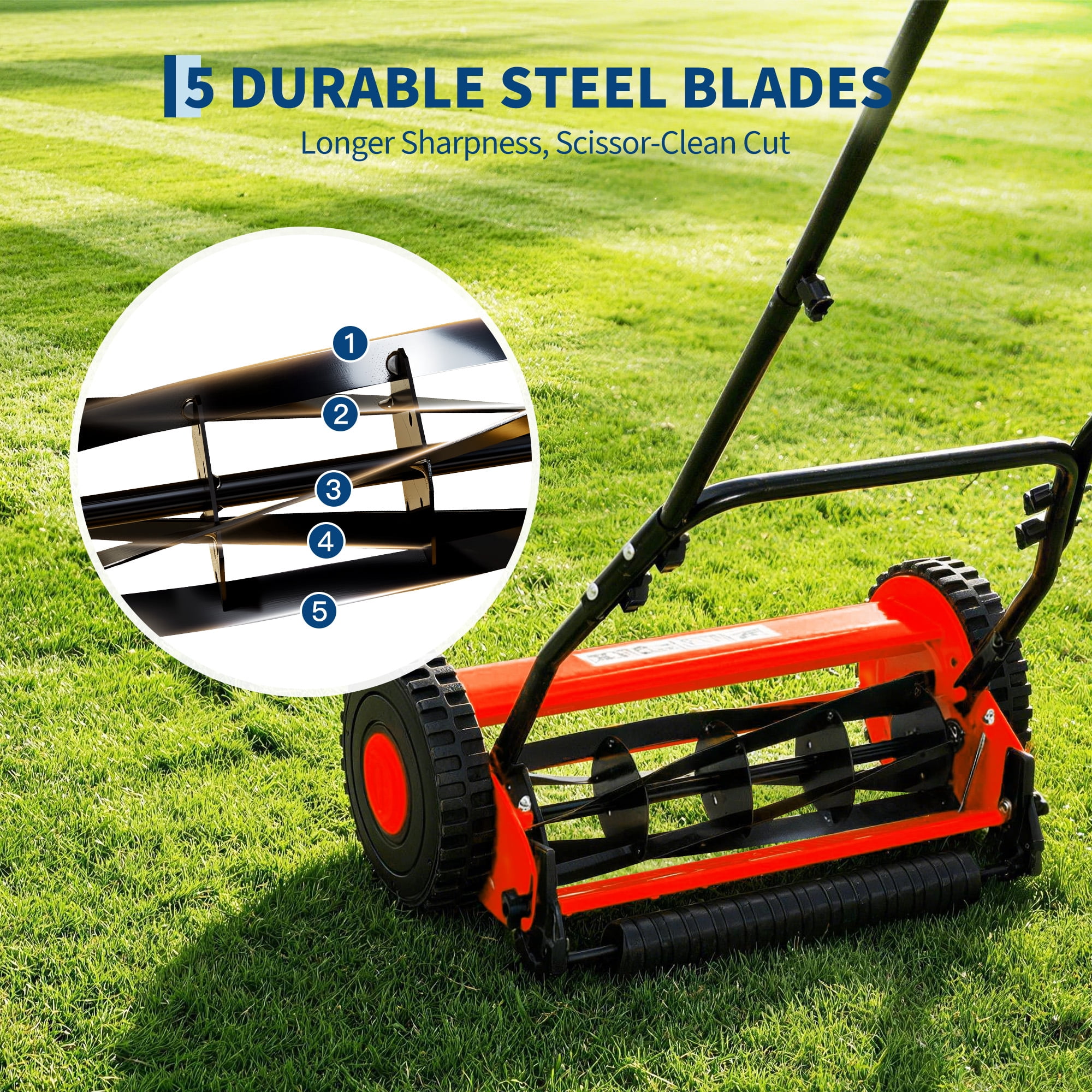 Lumiparty 14 in 5-Blade Manual Push Reel Lawn Mower, Adjustable Height Grass Cutter (Red, 14 in) yfq7w