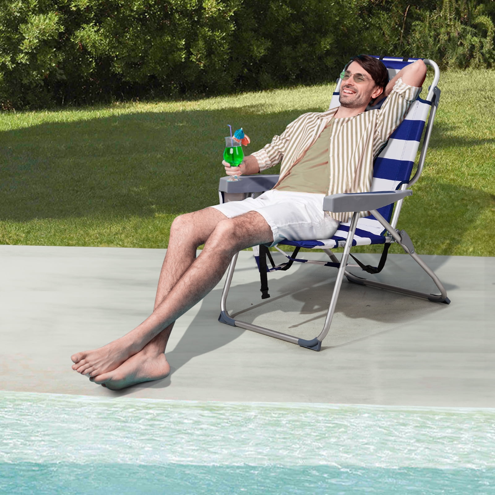 sluting Heightened Oxford Beach Chair with Adjustable Backrest (Blue Stripes, 24.8 in x 27.6 in x 39 in) 7tv28
