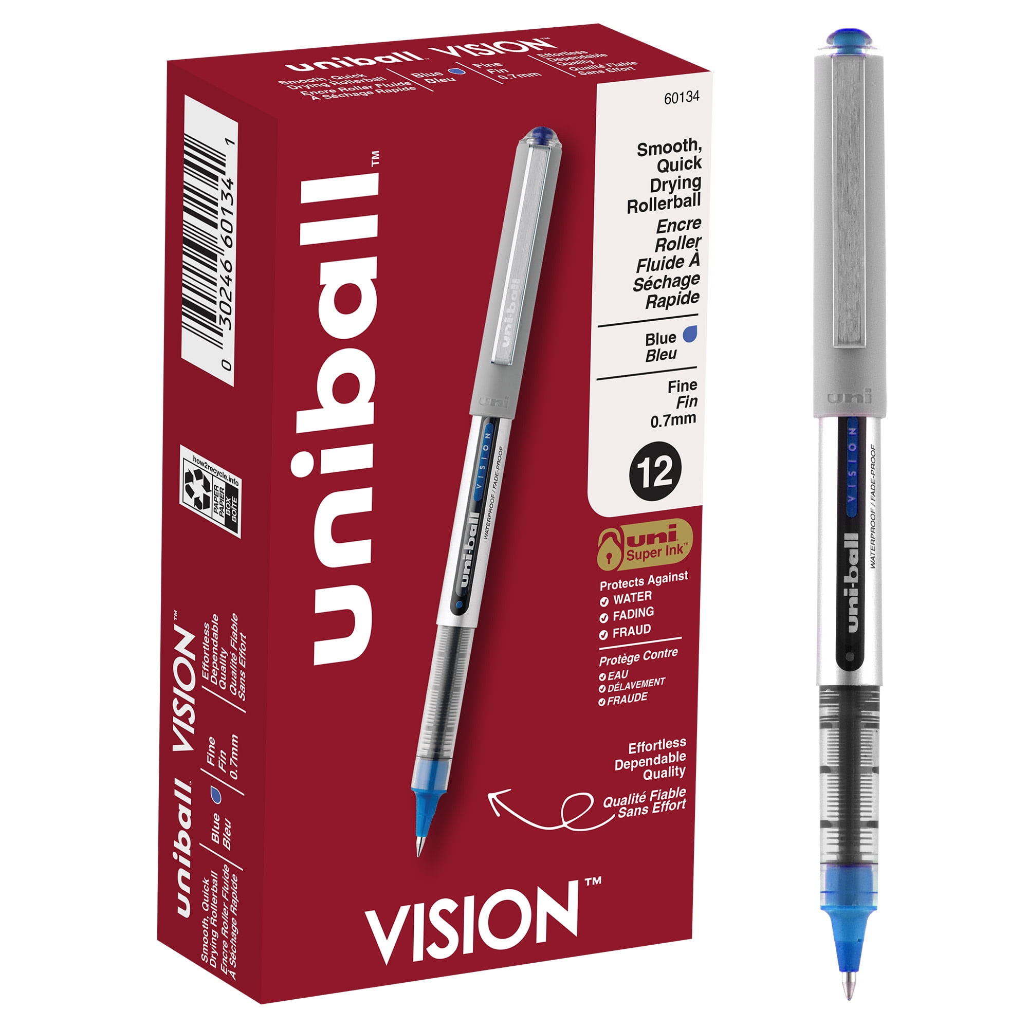uniball Vision Rollerball Pens, Fine Point (0.028 in), Blue Ink (12 Count) p9n4o
