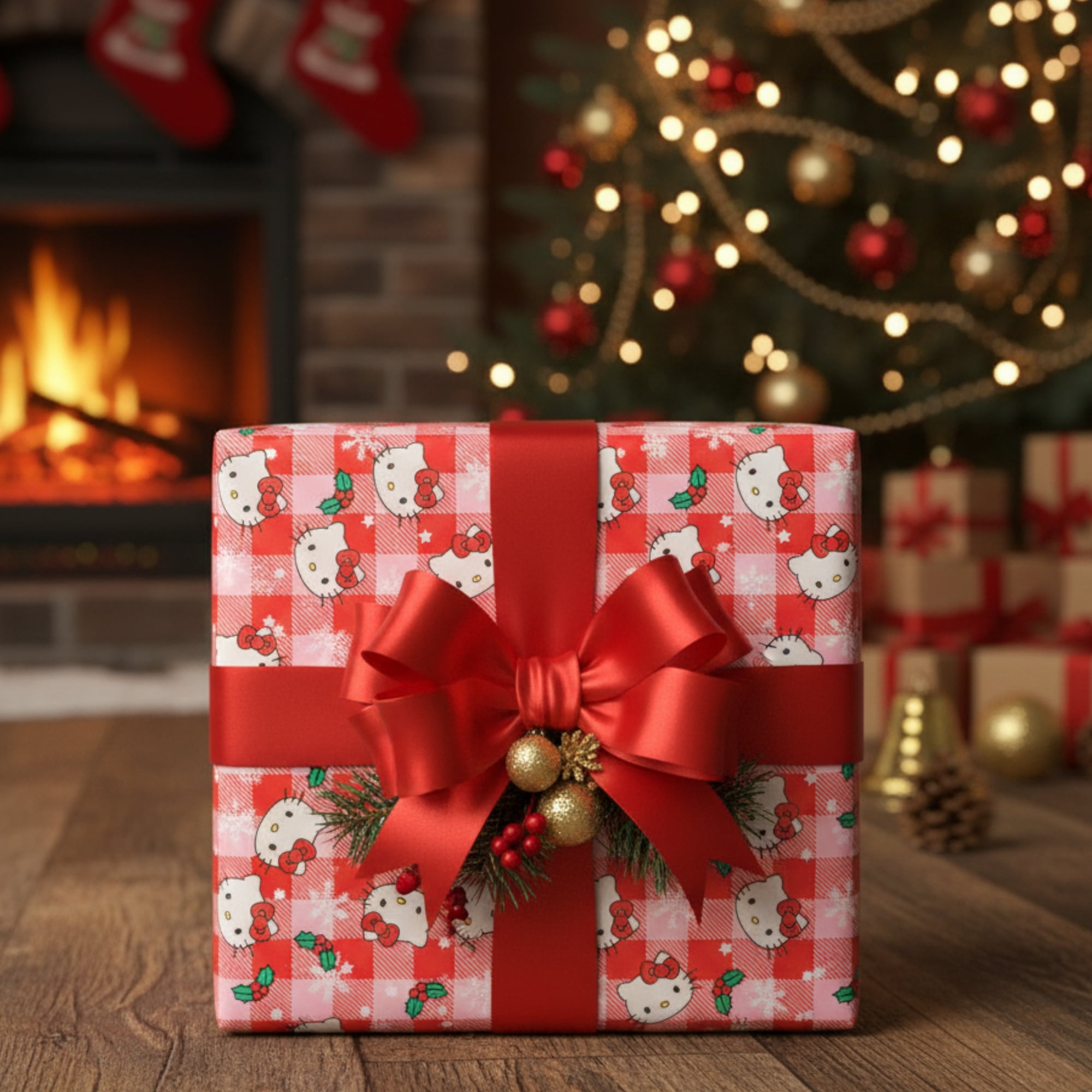 Greenbrier International Hello Kitty Christmas Wrapping Paper, Festive Red Plaid Gift Wrap for Holidays and Birthdays (50 sq ft) mwlfx