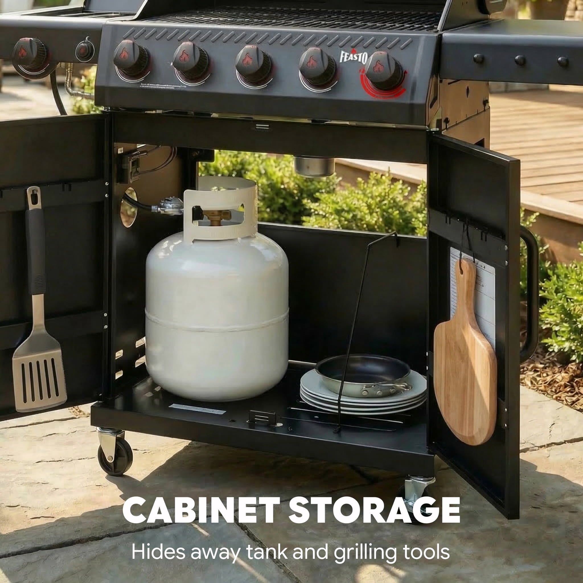 Feasto 5-Burner Propane Gas Grill with Side Sear Burner and Cabinet Storage (Black, 686 sq in) b3a6f