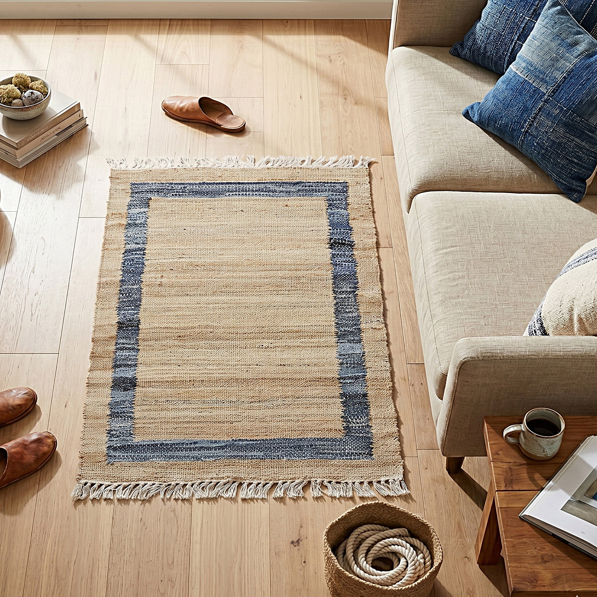 The Pioneer Woman Denim Jute Accent Rug, Rustic Organic Woven Floor Mat (Blue Border, 30 in x 46 in) g4n7f