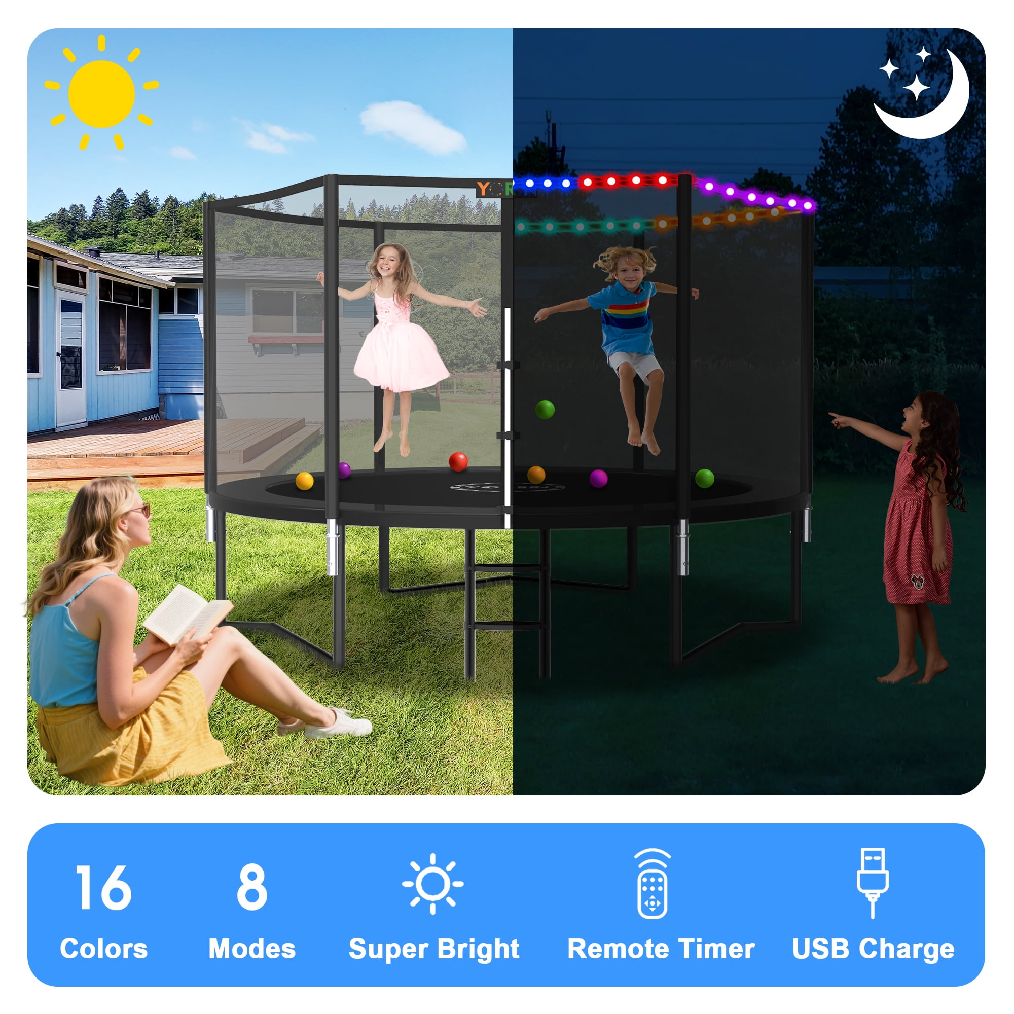 YORIN Outdoor Round Trampoline with Safety Enclosure Net, Sprinkler, and LED Lights (Black, 8 ft) ce8lk