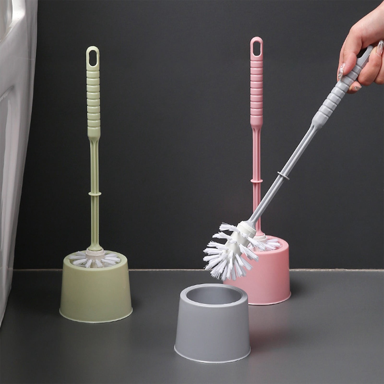 LSLJS Toilet Brush and Holder Set, Compact Bathroom Cleaning Tool with Non-Slip Grip (Green, 15 in) qf64f