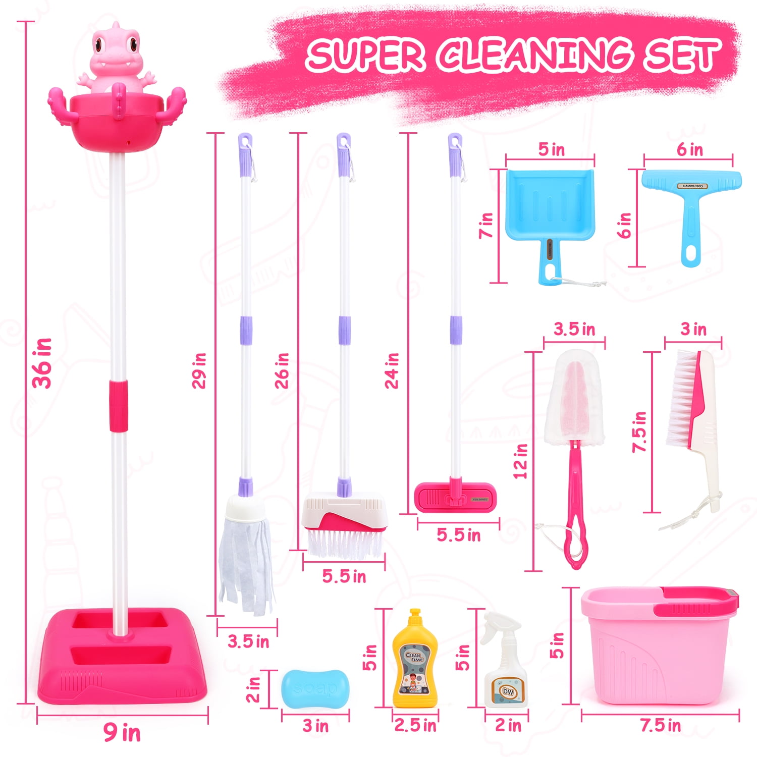 JoyStone 12-Piece Dinosaur Kids Cleaning Set, Pretend Play Housekeeping Kit for Toddlers (Pink, 12-Piece Set) uadep