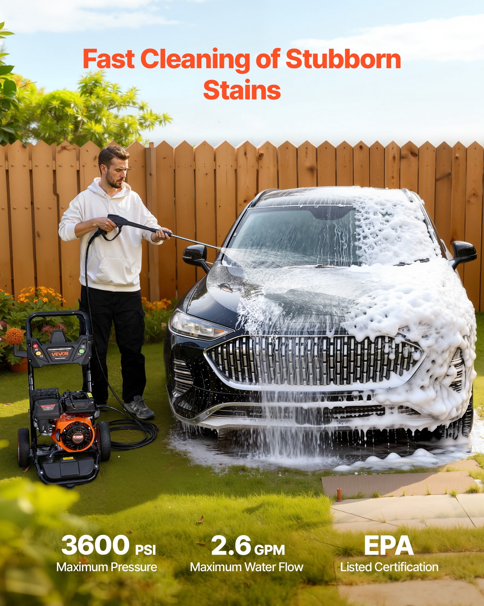 VEVOR Gas Pressure Washer 3600 PSI 2.6 GPM High-Pressure Cleaner with 5 Nozzles and 26 ft Hose (3600 PSI, 26 ft) tusnz