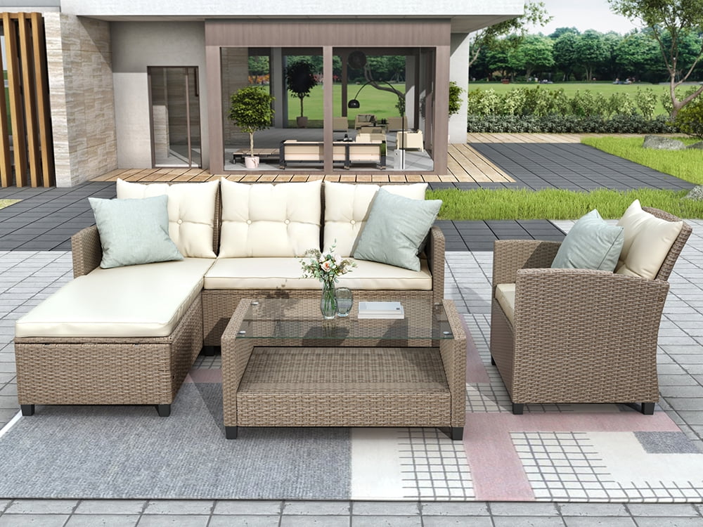 Segmart 4-Piece Outdoor Patio Furniture Set, Wicker Conversation Sofa with Cushions and Coffee Table (Beige, 4-Piece) tl75q