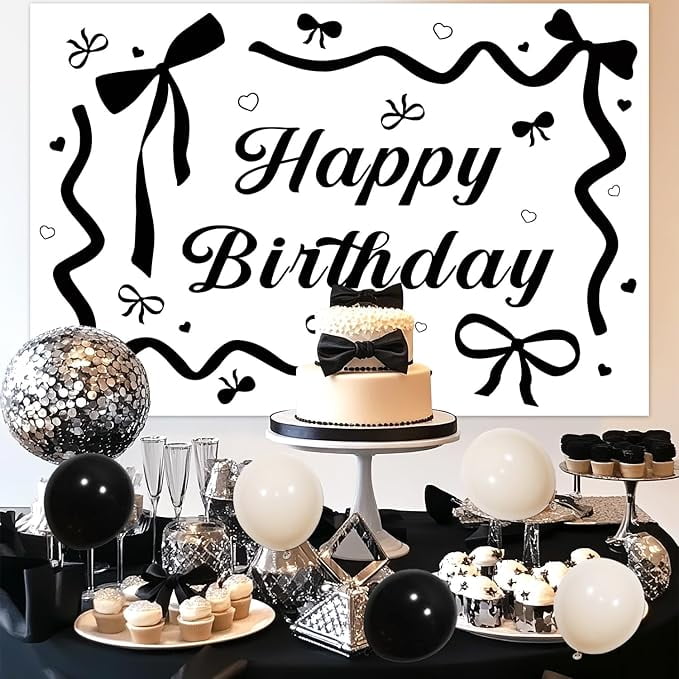 Generic Black Bow Birthday Party Decoration Set with Backdrop and Balloon Arch Kit (Black, 1 Set) bgcnd