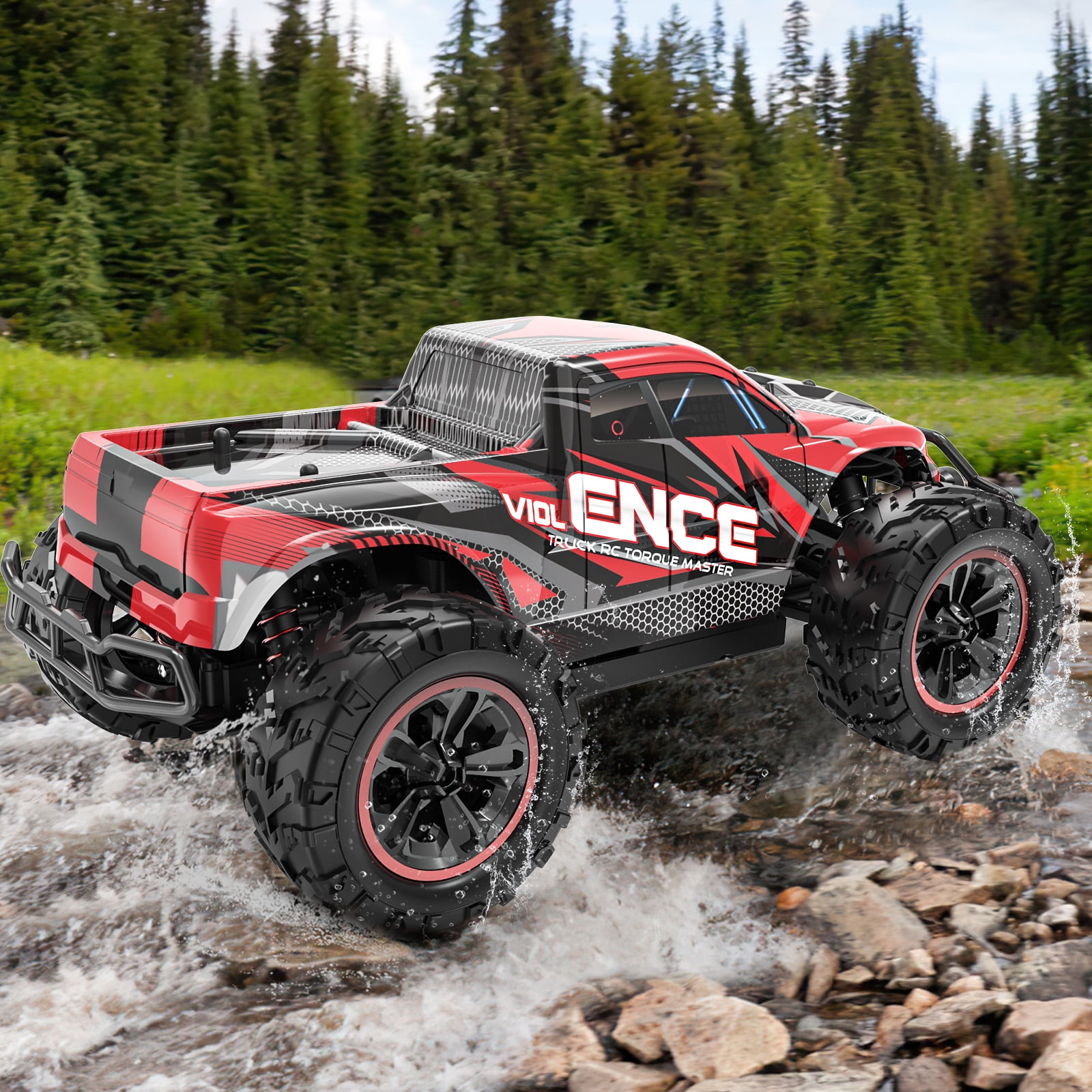 AUOSHI 1:16 Scale Remote Control Truck, High-Speed 4WD Off-Road RC Car with LED Lights (Red, 1:16 Scale) fdg8i