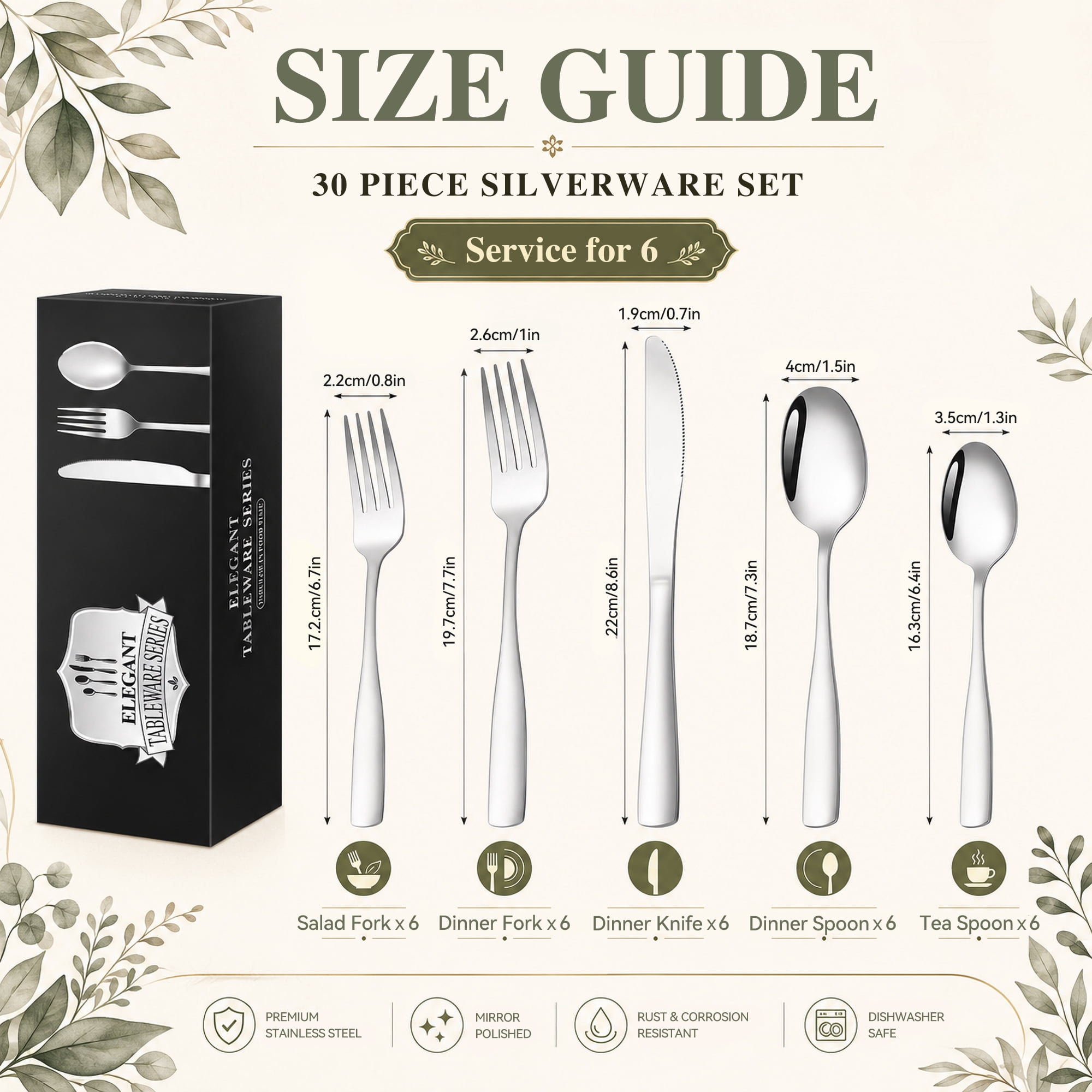 TINANA Stainless Steel Flatware Set, Mirror Polished Cutlery for 6, Dishwasher Safe (Silver, 30 Piece Set) dhi8d