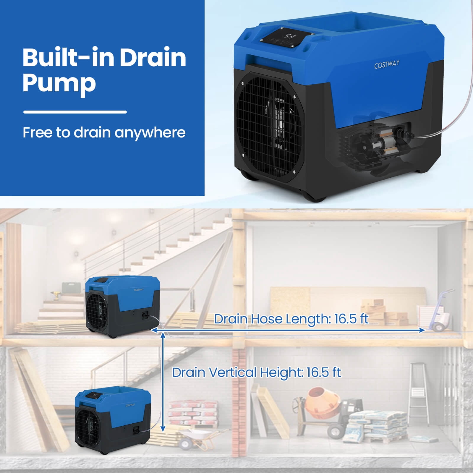 Costway Commercial Dehumidifier with Built-in Pump and Drain Hose for Basements and Job Sites (Blue, 50-Pint) 2k0bp
