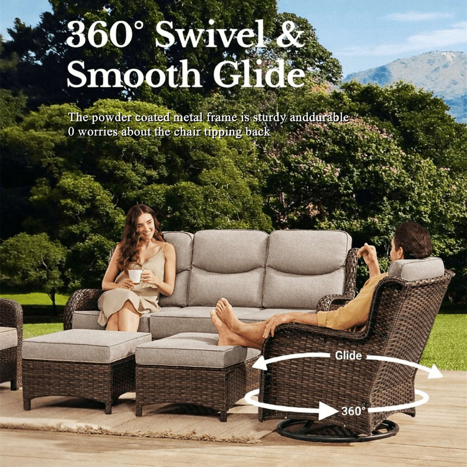 Bellefurn 7-Piece Patio Furniture Set with Fire Pit Table, Swivel Rockers, Sofa, and Ottomans (Brown, 7-Piece Set) hvj5c