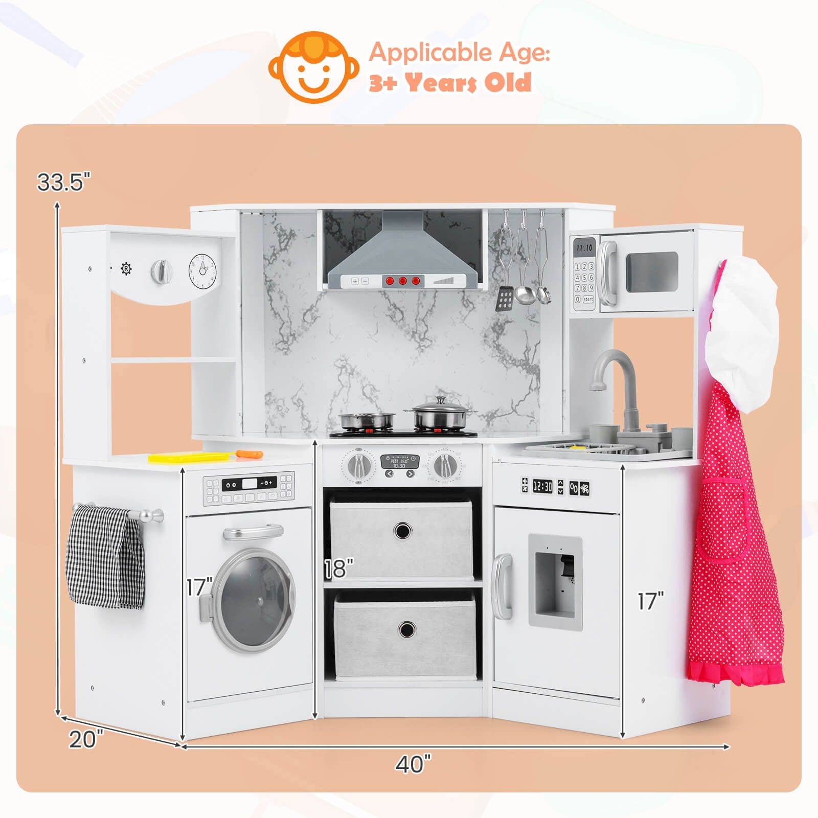 Costway Wooden Kids Play Corner Kitchen Set with Realistic Lights and Sounds (White, 36 in x 36 in x 36 in) xwfi8