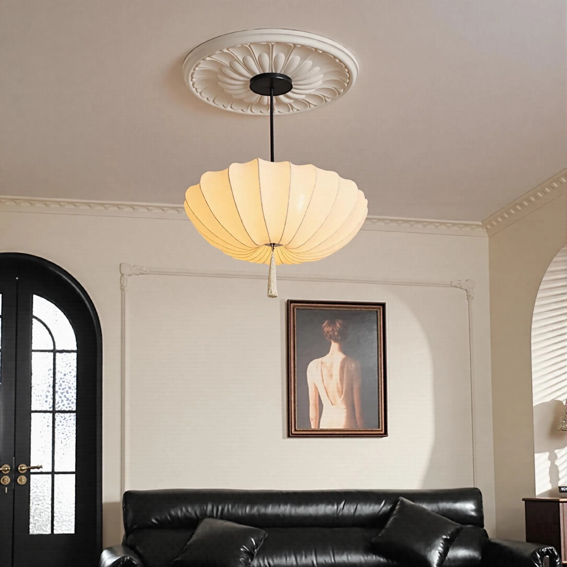 Viaurbe Japanese Minimalist Fabric Shade Chandelier with Iron Frame (Round, 18 in) 4kf1h