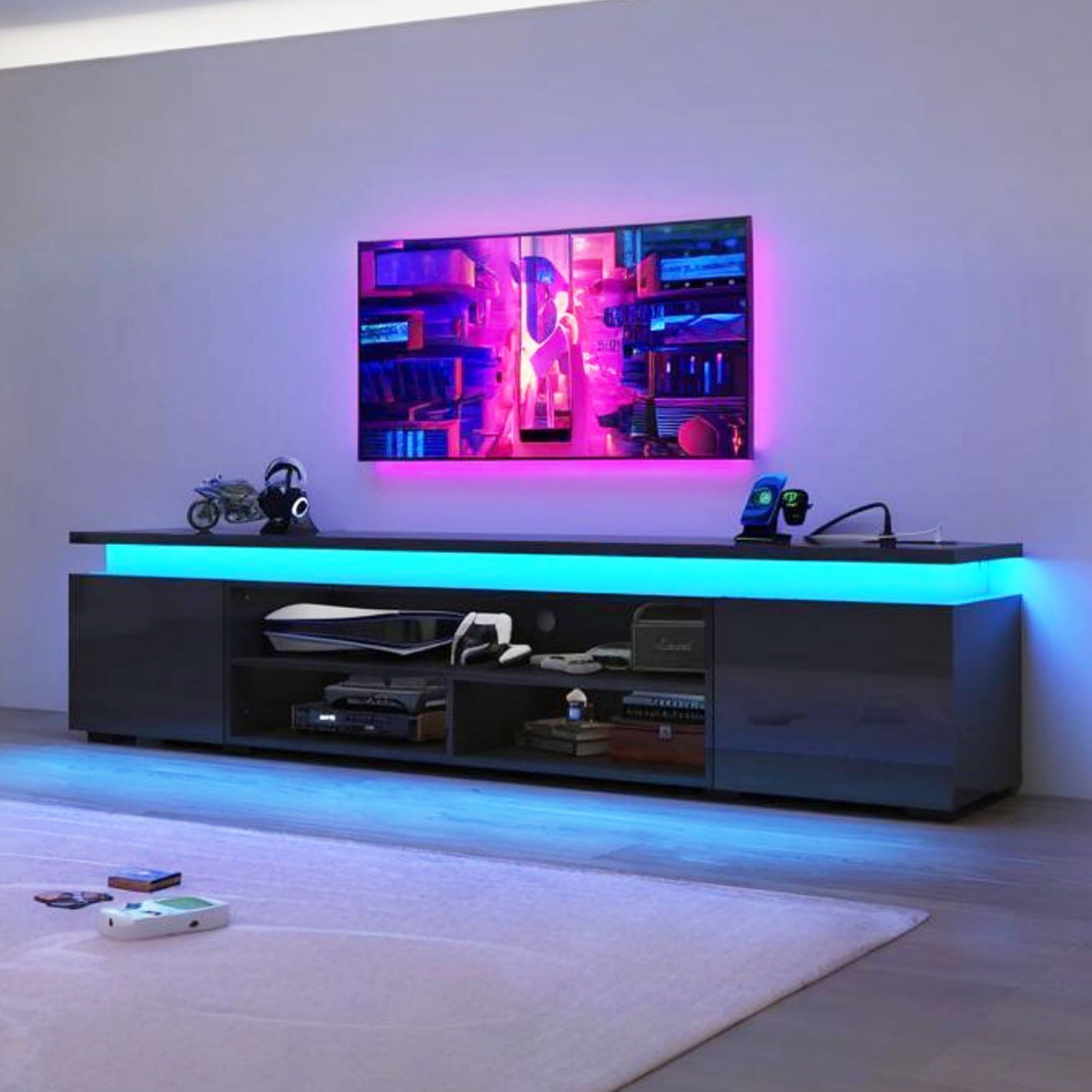 Chvans LED TV Stand for 85 in TVs with Power Outlet and RGB Lighting (Black, 75 in) 0xixa