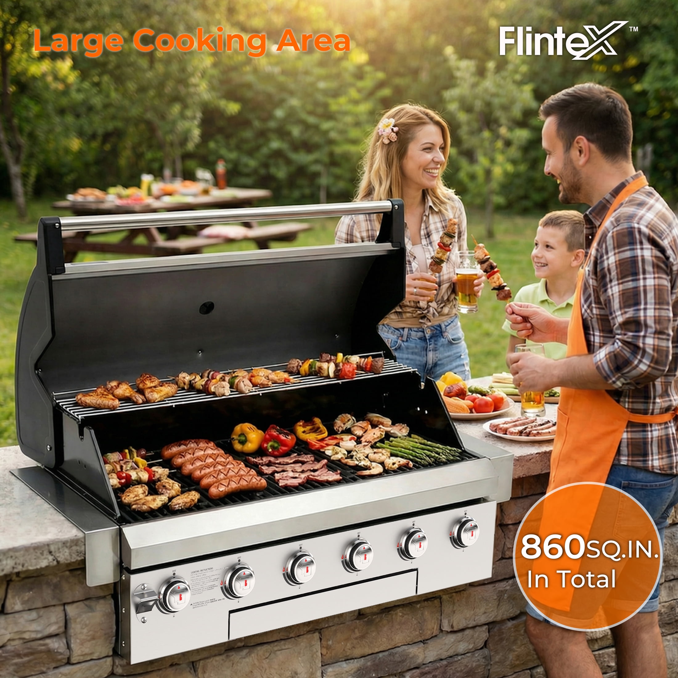 Flintex 6-Burner Built-In Gas Grill, Outdoor Kitchen BBQ Head with 859.8 sq in Cooking Area (Stainless Steel, 60,000 BTU) yyrio