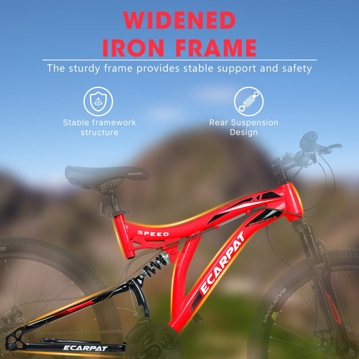 Dcmisas 26-Inch Mountain Bike, 21-Speed Full Suspension Steel Frame with Dual Disc Brakes (Red, 26 in) bi3ug