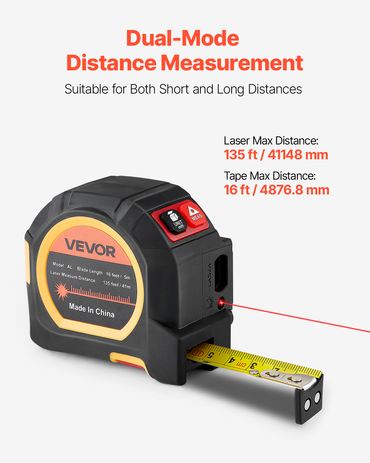 VEVOR 2-in-1 Laser Tape Measure, 135 ft Laser Distance Tool & 16 ft Magnetic Measuring Tape (Black, 135 ft) dl48z