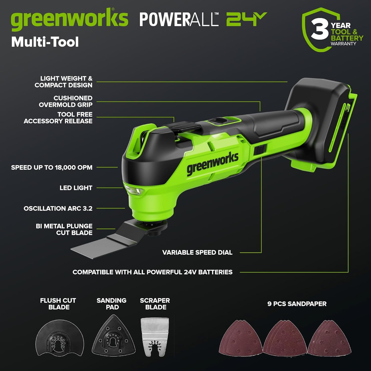 Greenworks 24V Brushless Cordless Oscillating Multi-Tool with Woodcutting Blades and Sanding Pad (Tool Only) ya4cl