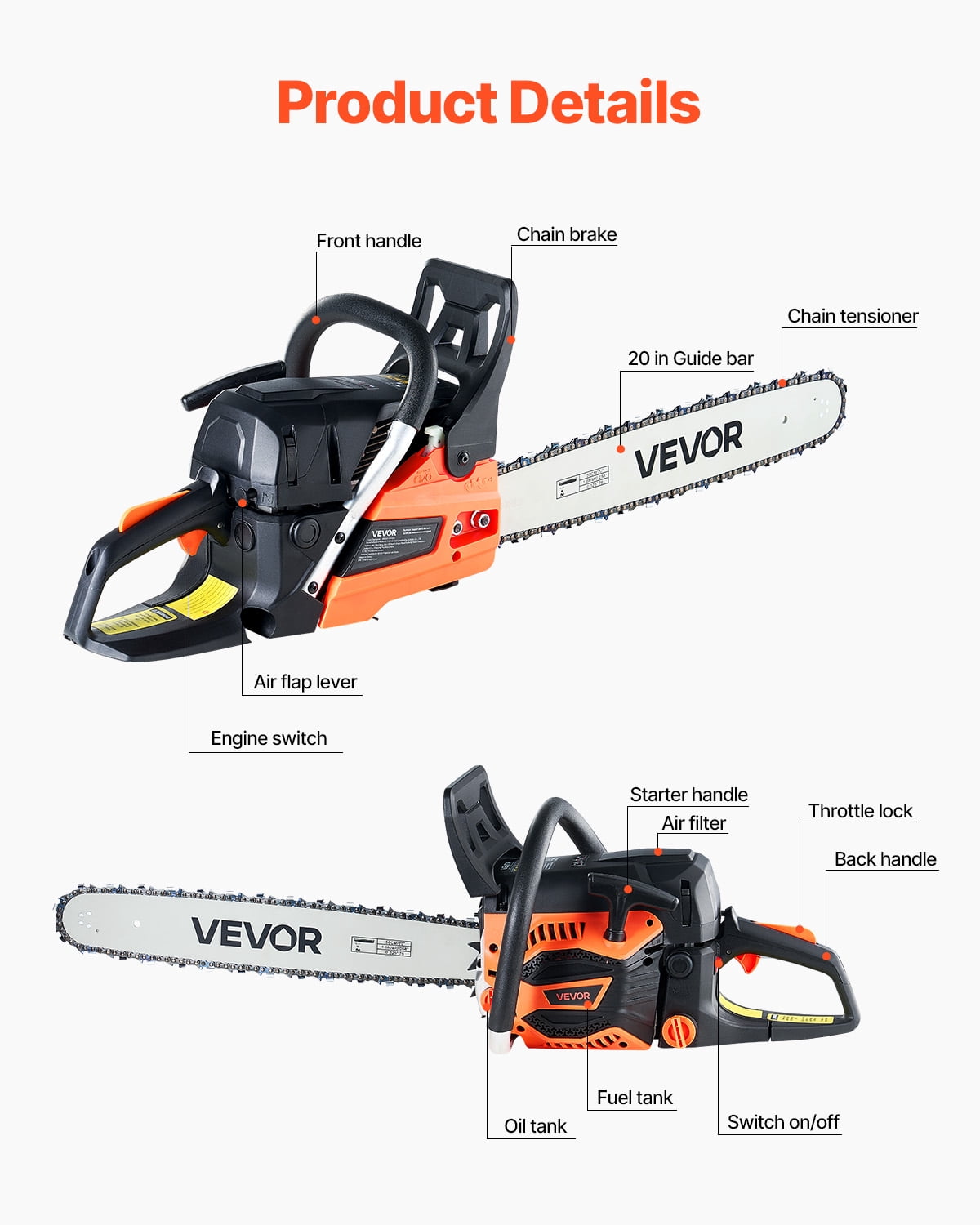 VEVOR Gas Chainsaw, 58CC 20 in 3.22HP Gasoline Powered Chain Saw for Tree Trimming and Land Clearing (20 in) vbkzd
