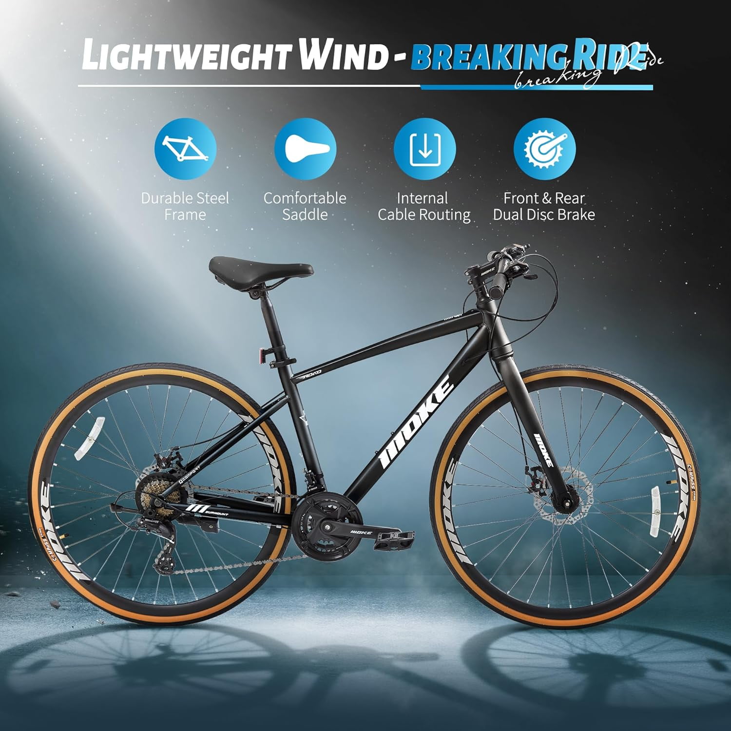Akaber Hybrid Road Bike for Adults, 24-Speed Lightweight Commuter Bicycle (Black, 700C Wheels) mxru8