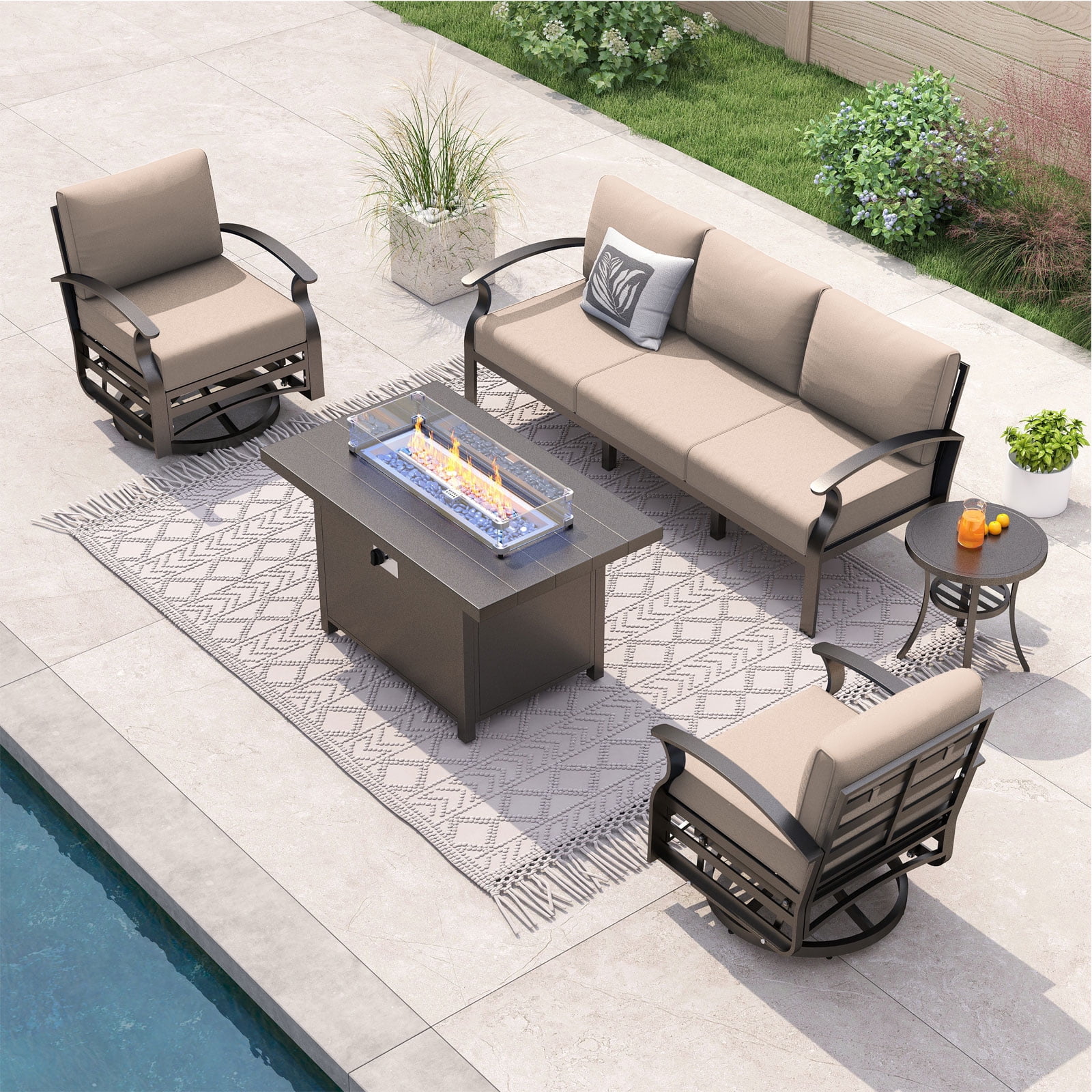 ALAULM 5-Piece Aluminum Patio Furniture Set with Propane Fire Pit Table (Black, 5-Seat) 1f74u