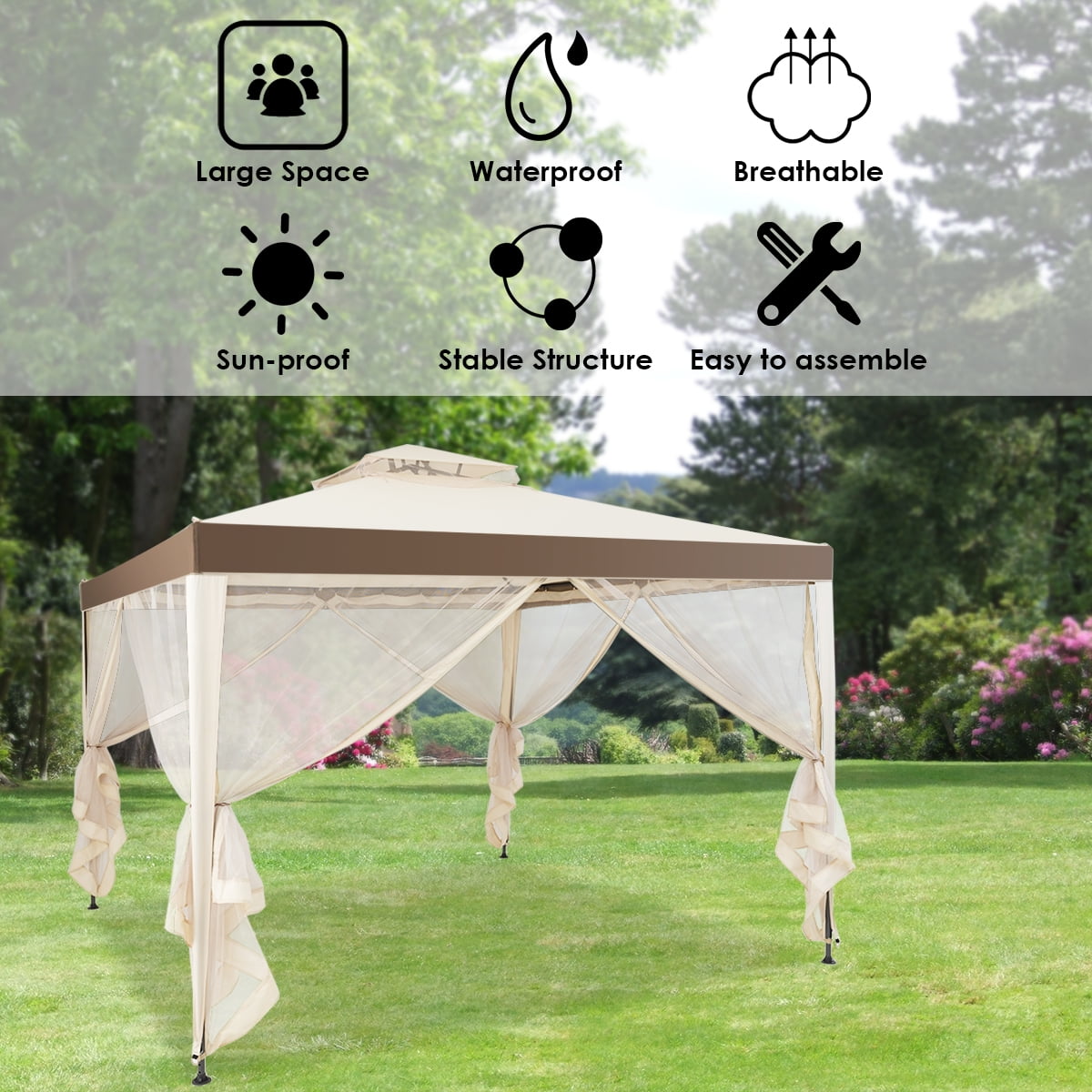 Costway Outdoor Event Canopy Tent with Mosquito Netting (Beige, 10 ft x 10 ft) 2gfqa
