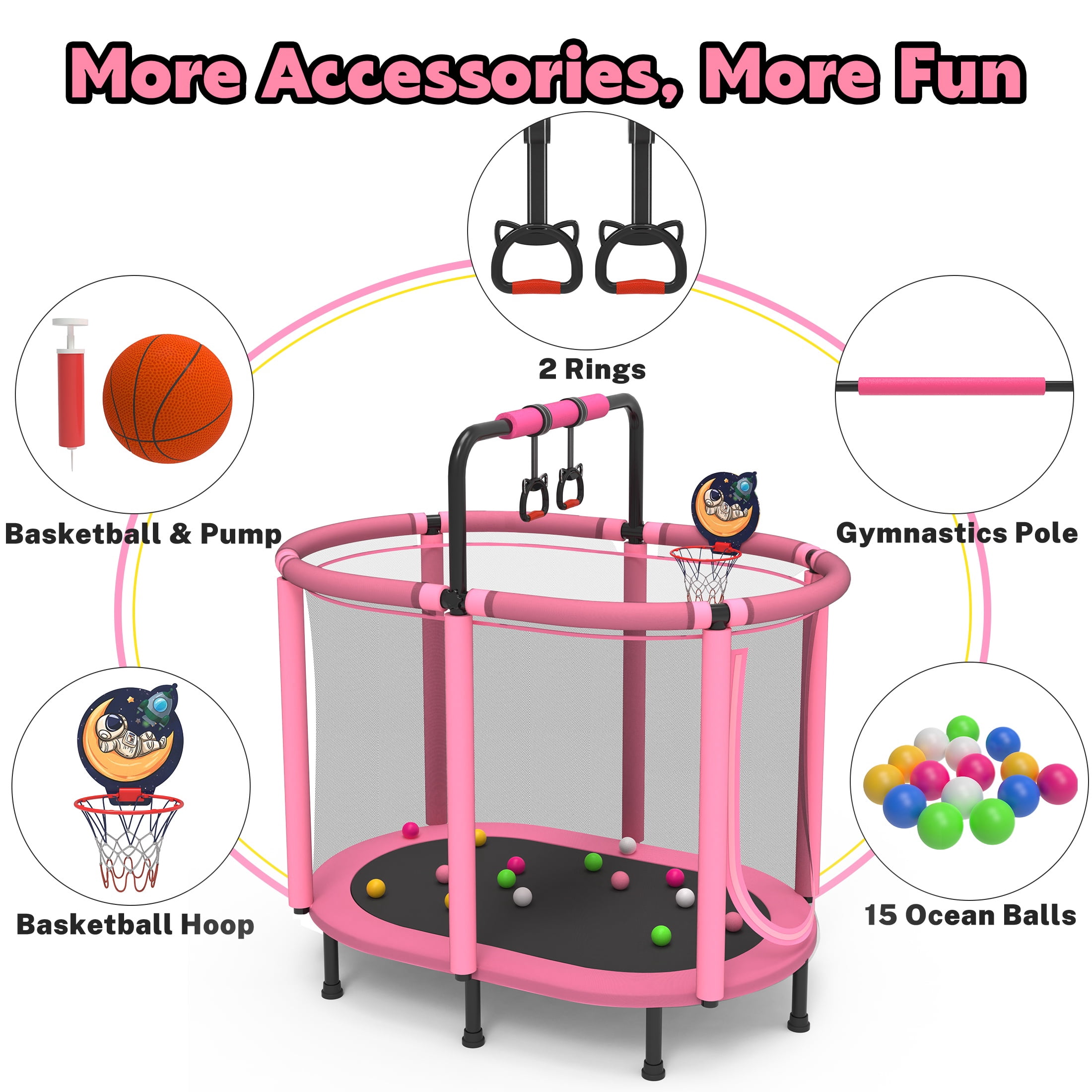 SHINPT 60 in Kids Trampoline with Enclosure Net, Basketball Hoop, and Gymnastic Bar (Pink, 60 in) n5r0i